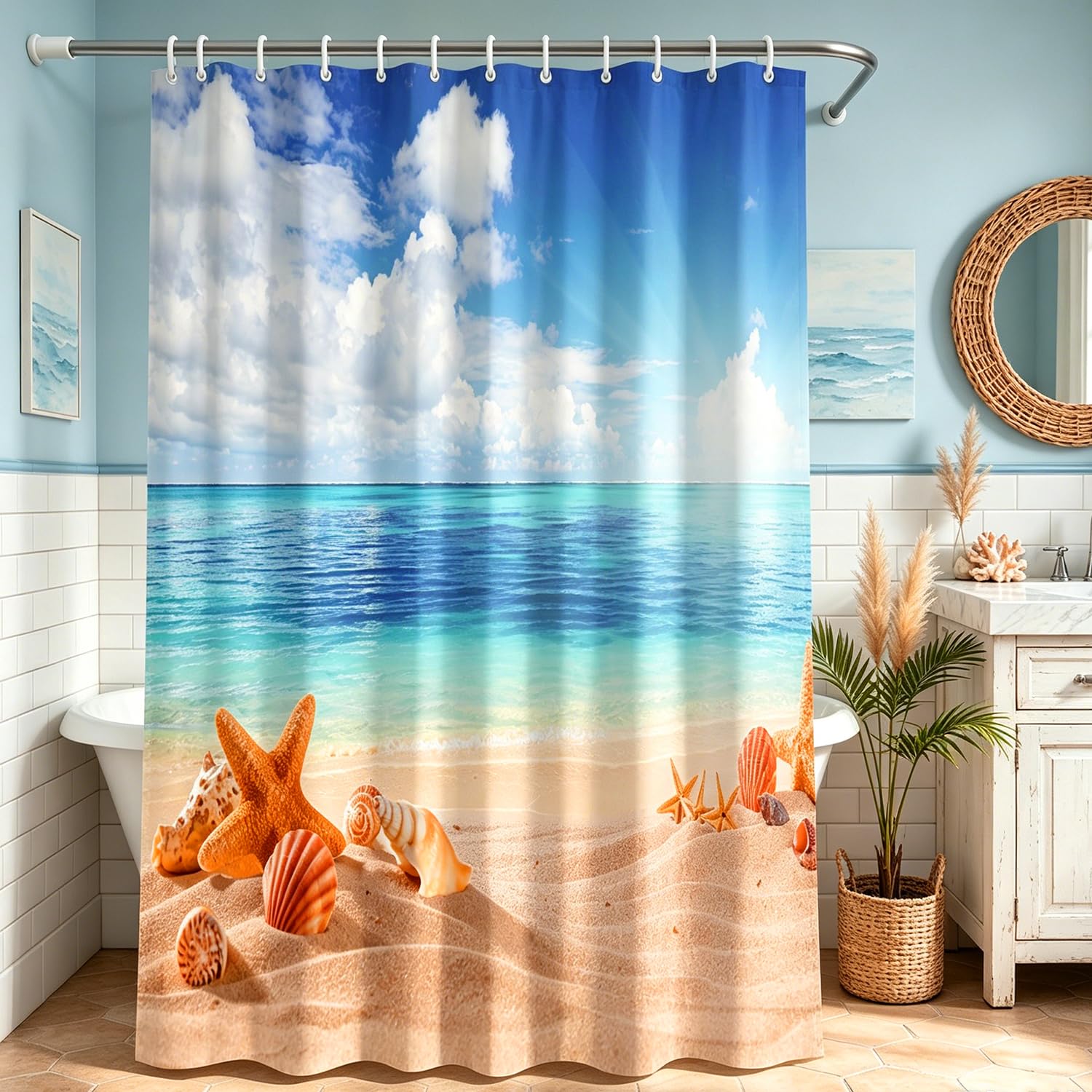 Lerores Shower Curtain, 100 x 190 cm, Sea Blue, Weighted Hem, Anti-Mould Textile, Water-Repellent, Washable Polyester Bath Curtains with Eyelets and 12 Shower Curtain Rings for Bathroom, Bathtub — image 1