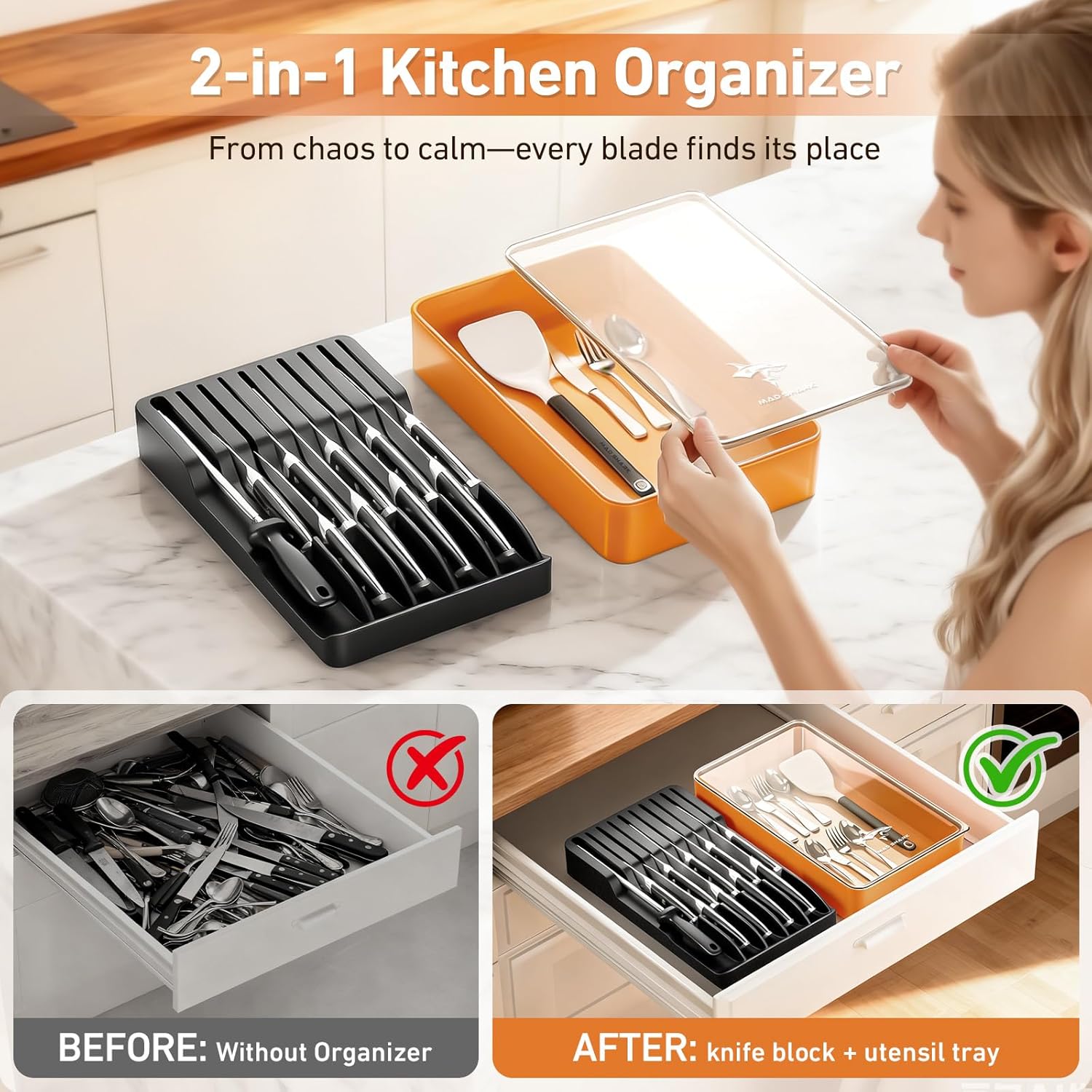 MAD SHARK Kitchen Knife Set, 5PCS Sharp Ultra Chef Knife Set,MAD SHARK 2-in-1 Detachable Knife Block & Silverware Organizer