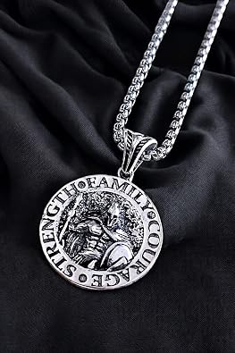 Erkek, Cesaret, Güç, Aile (Courage, Strength, Family) Figürlü K-107 Paslanmaz Kromix Çelik Gümüş Kaplama Kolye Madalyon