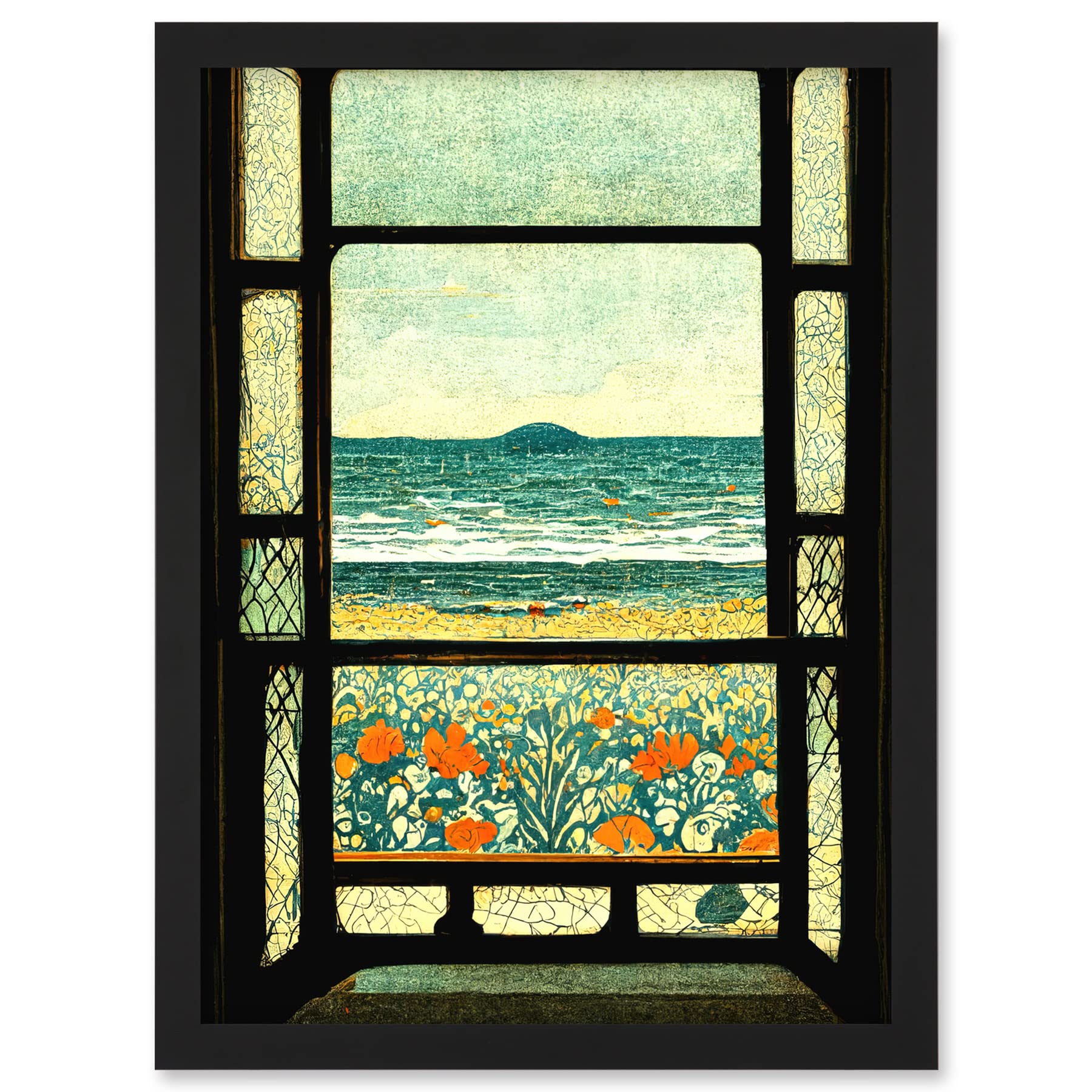 Doppelganger33 LTD A Sea View Seaside Beach Flowers William Morris Artwork Framed A3 Wall Art Print