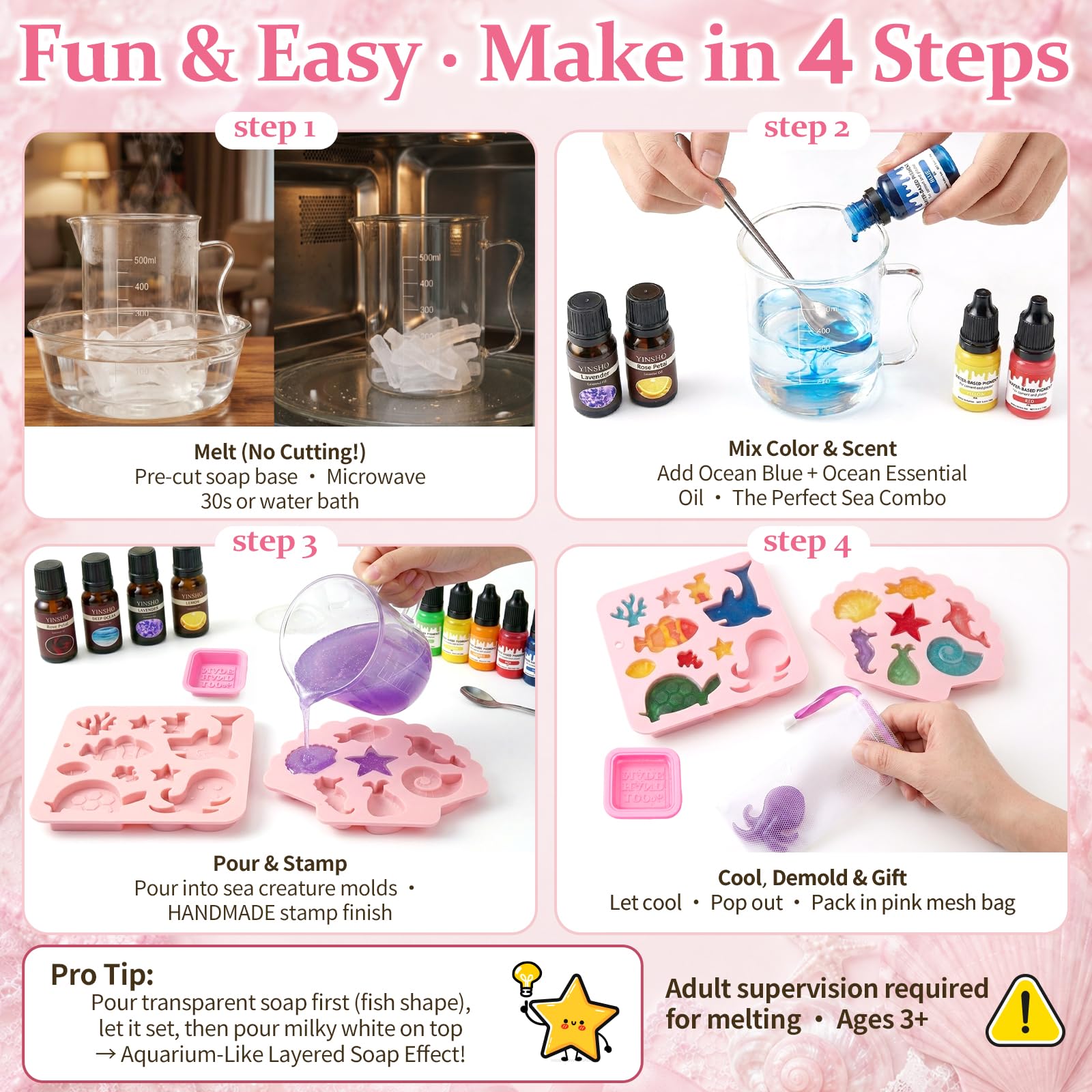 Set di sapone fai da te per bambini, 500 g, lattiginoso, 250 g, base di sapone trasparente, pesce marino, 10 forme a forma di cavalluccio marino, quadrato, 6 colori, 4 oli essenziali, 10 reti in
