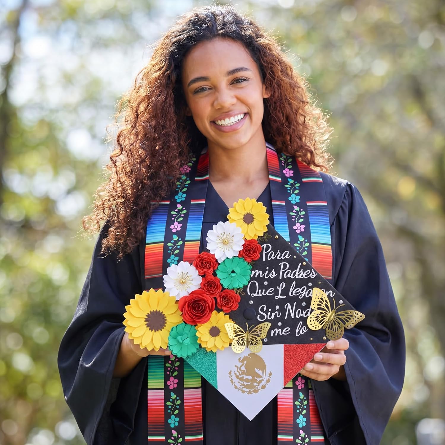 Gersoniel 44 Pcs DIY Graduation Cap Decorations Kit 2026 Mexican Graduation Stole Sash Flower Heads 3D Butterfly Stickers Glitter Rhinestones Pearl Stickers Alphabet Letter Number Grad Cap Topper Gift