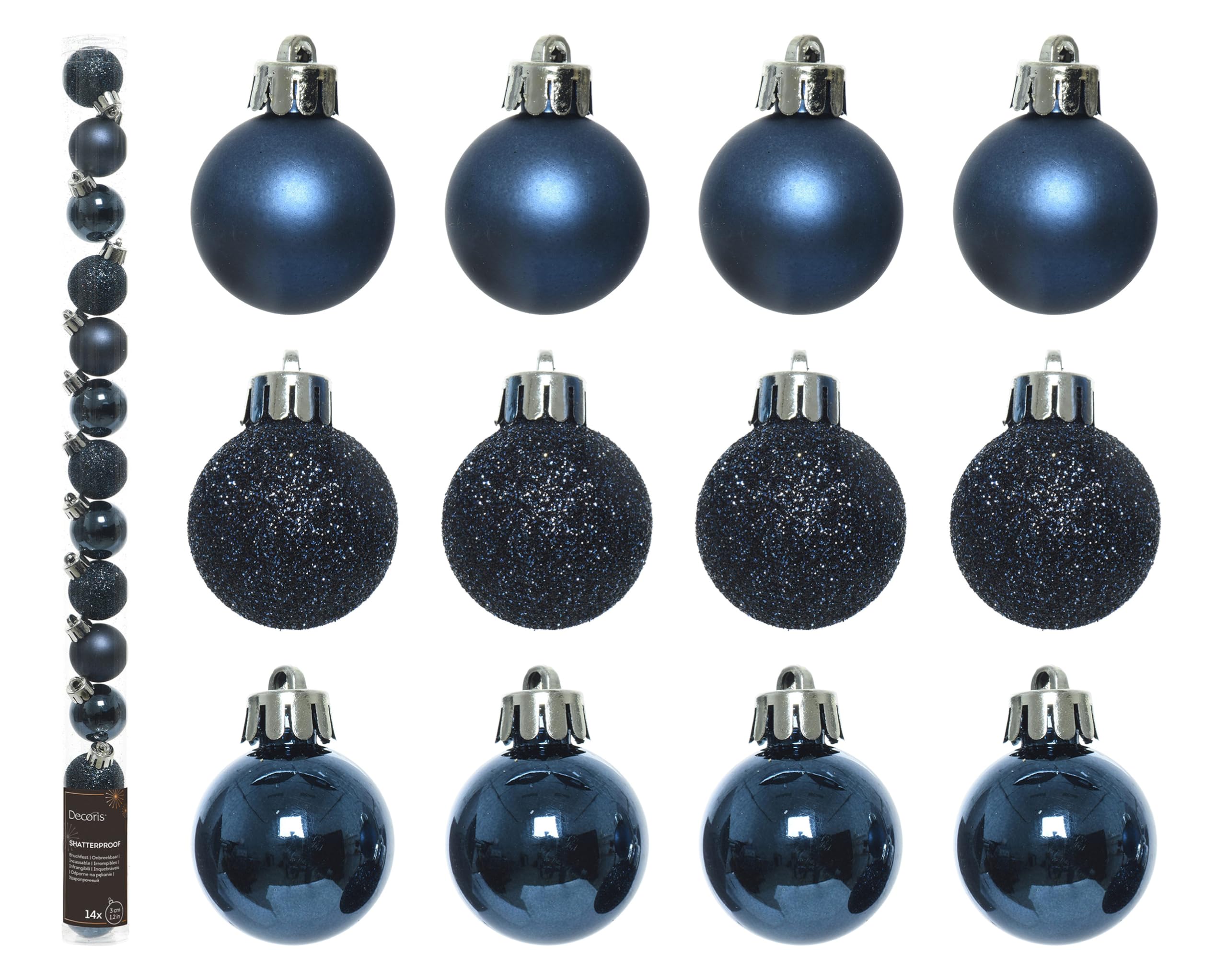 Kaemingk Set of 14 Mini Matt/Shiny/Glitter Christmas Tree Baubles Mix in Tube - 3cm Midnight Blue