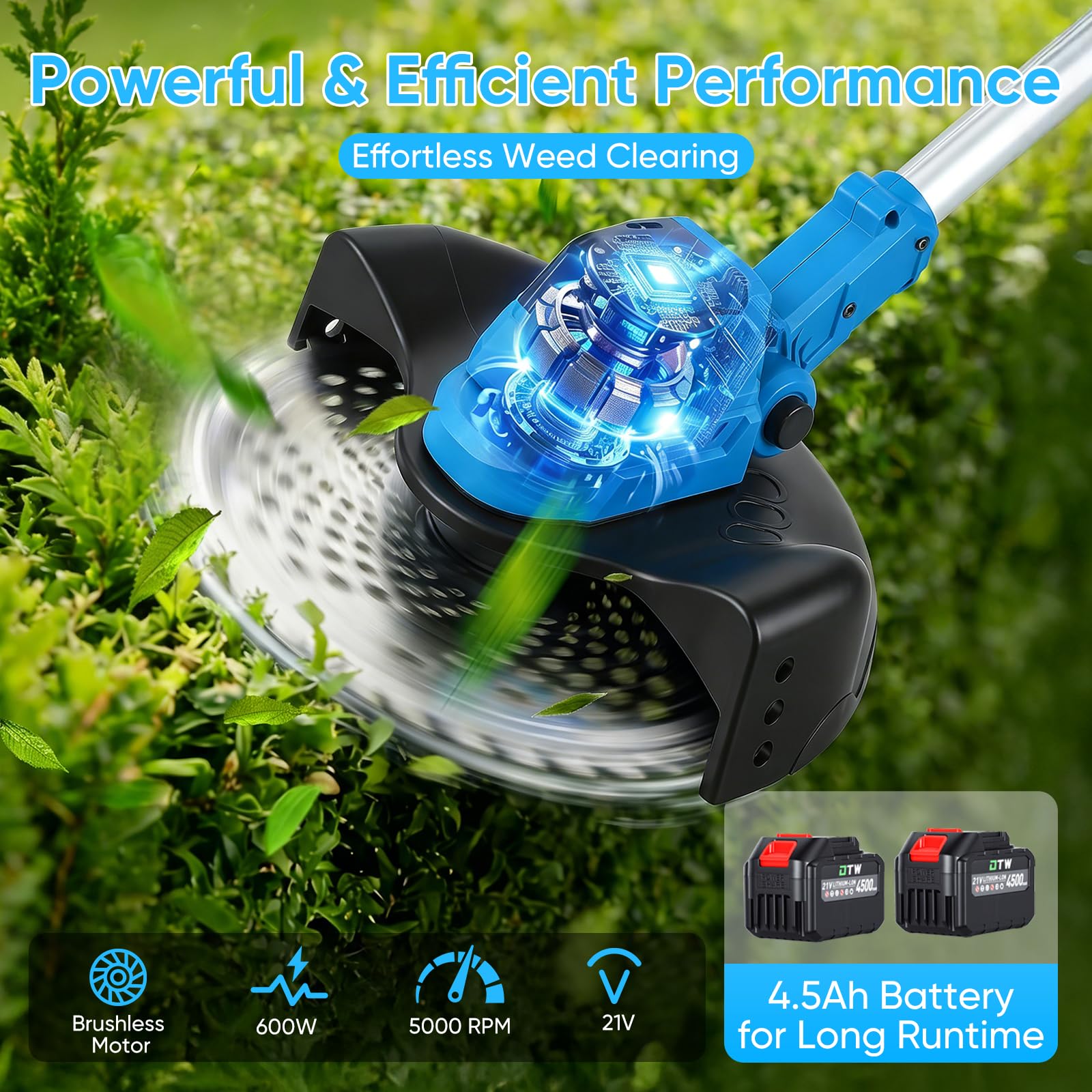 Desbrozadora Inalámbrica 600W, Cortacésped y Bordes 2-en-1, Motor Brushless con Pantalla LED, Mango Ajustable, con 2 baterías, Incluye Cuchillas y Gafas de Seguridad