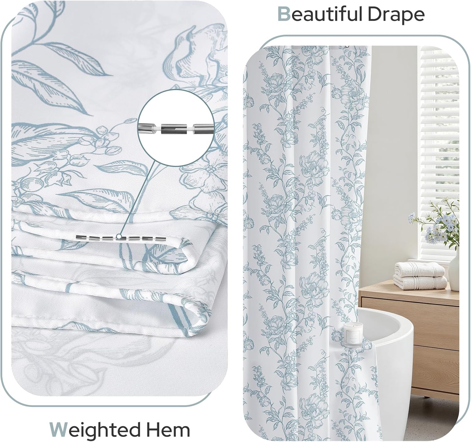 HOMEIDEAS Blue and White Floral Shower Curtain 72x84 Inch, Modern Extra Long Shower Curtains for Bathroom with Hooks, Waterproof Fabric, SPA Bathroom Decor