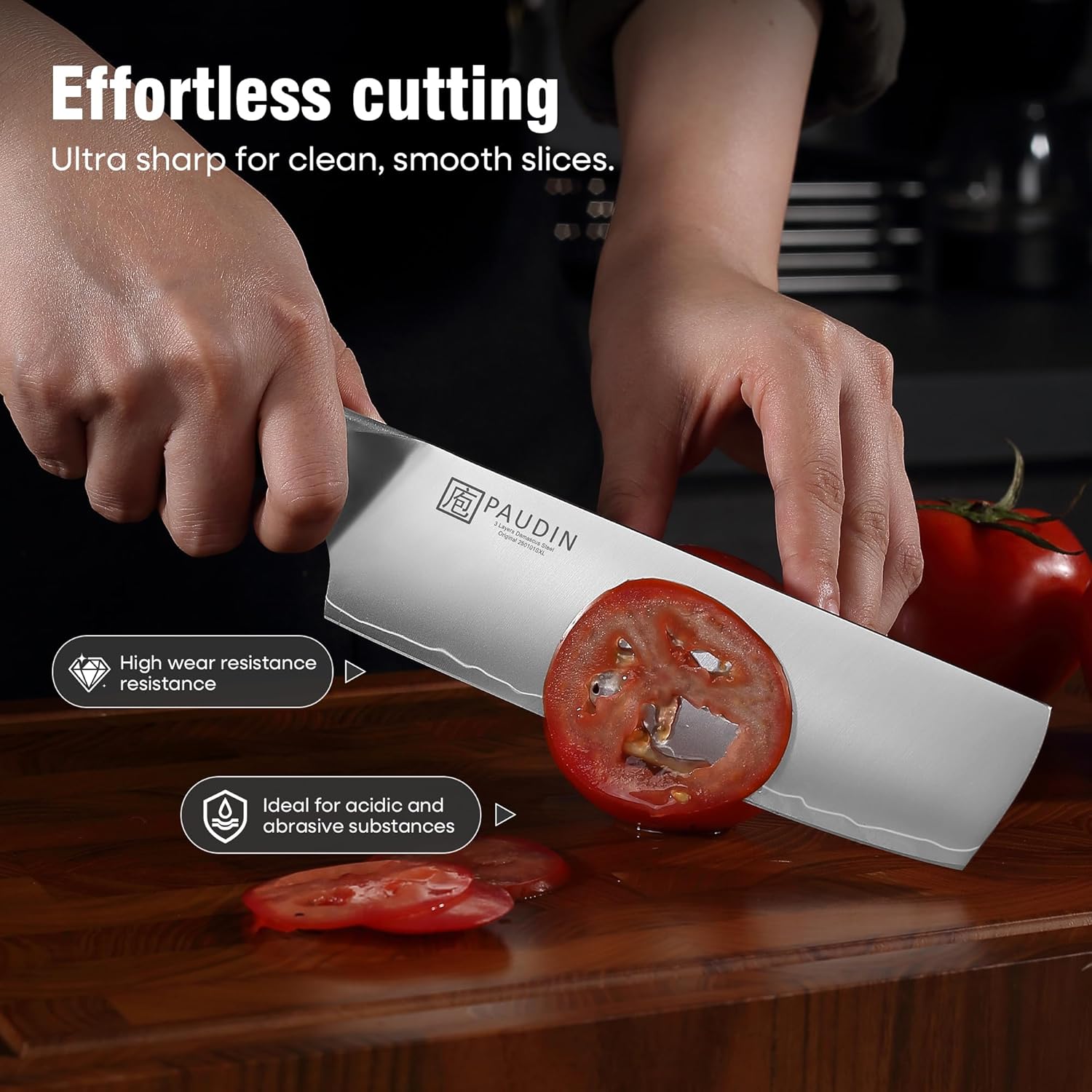 PAUDIN Nakiri Knife 7 Inch, High Carbon Stainless Steel Chef Knife, Ultra Sharp Asian Kitchen Knife for Meat and Vegetable, Chopping Knife with Ergonomic Wooden Handle - Image 2