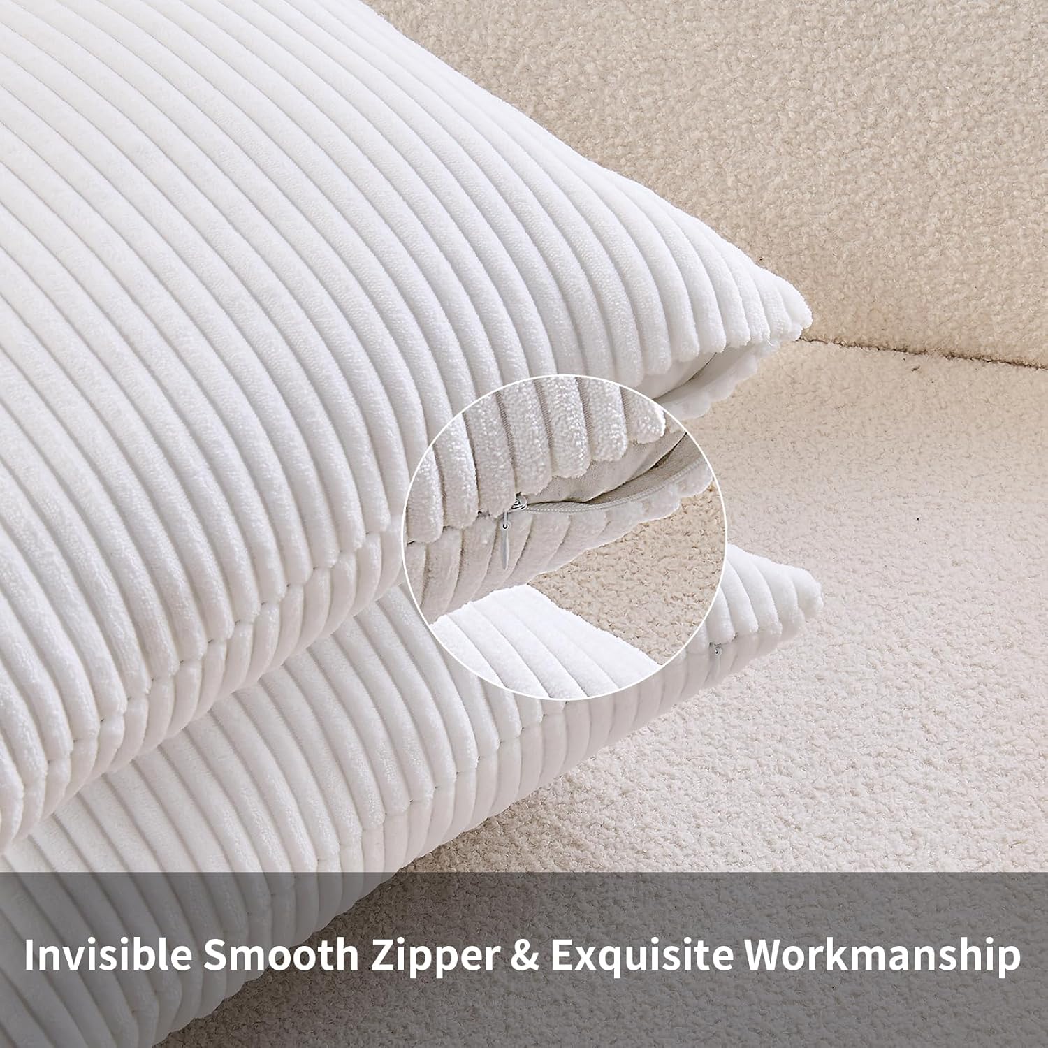 White Lumbar Throw Pillow Covers 12x20 Inch Pack of 2,Soft Corduroy Solid Striped Texture Cushion Covers Pillowcases,Minimalist Modern Home Decor for Sofa Couch Living Room Chair - Image 3