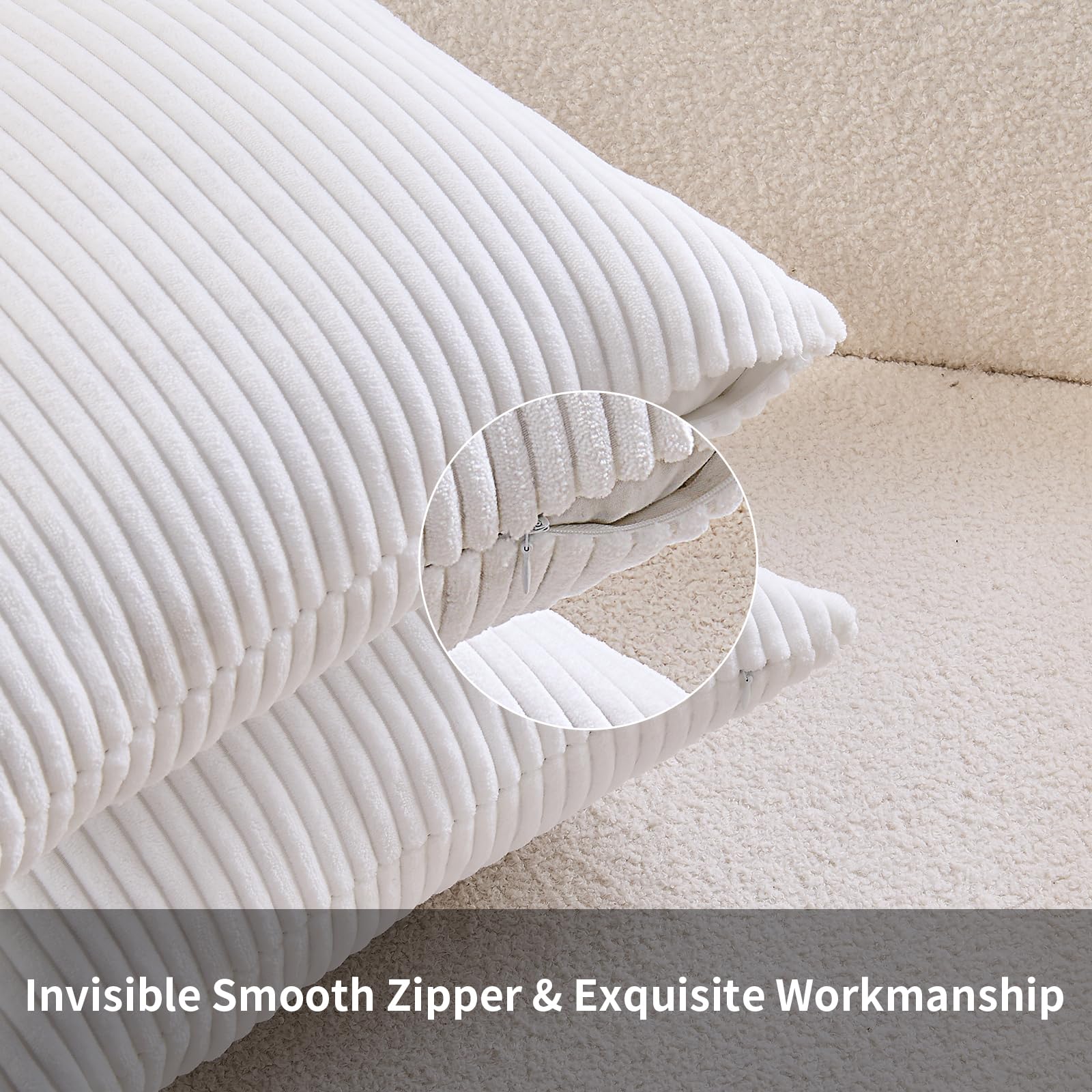 Lot de 2 Housse Coussin 50x70 Blanc,Motif à Rayures Decoration Housses de Coussin en Velours Côtelé,Douillet Taie Oreiller Moderne pour Chambre Lit