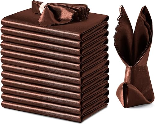 VACVELT Paquete de 12 servilletas de satén marrón chocolate de 17 x 17 pulgadas, servilletas de cena elegantes festoneadas, servilletas de mesa