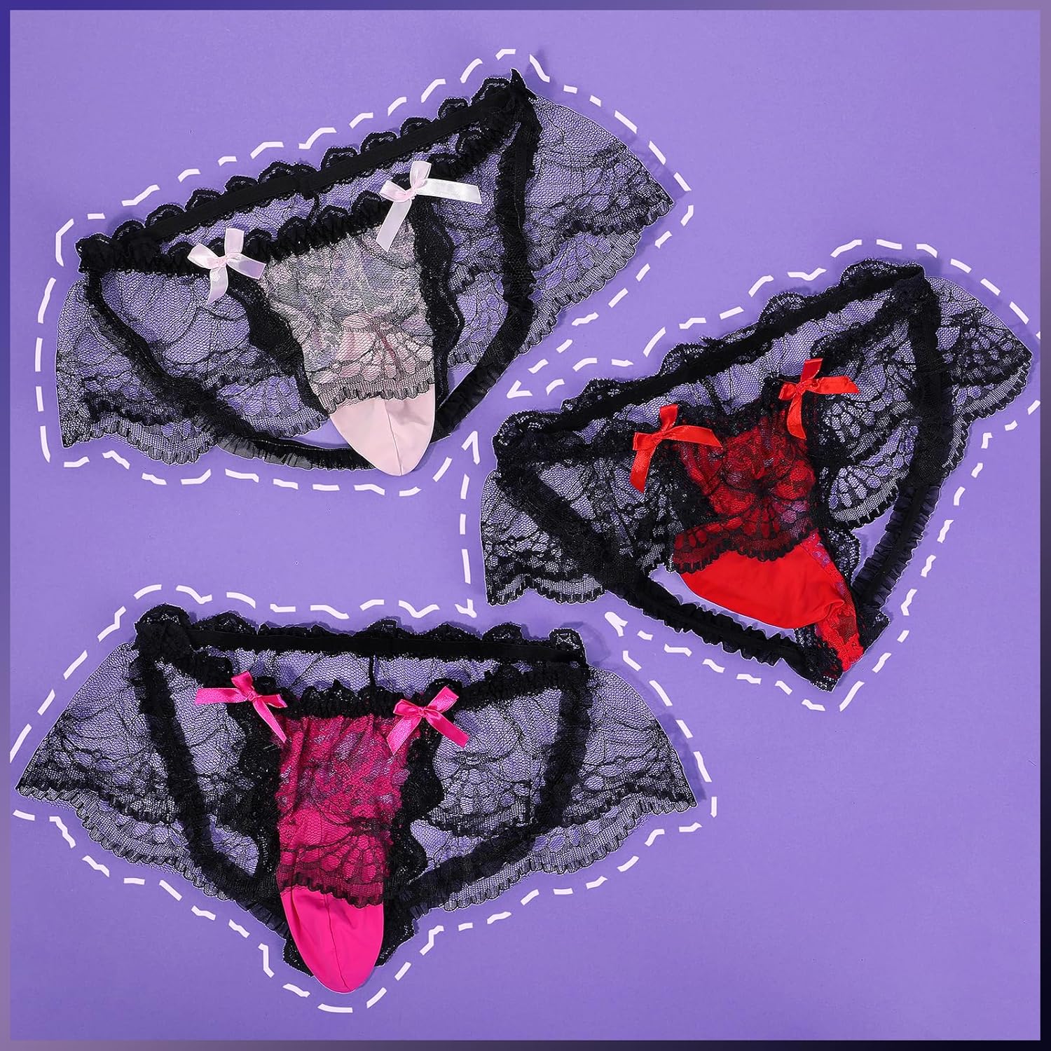 Men's Sissy Panties with Bows, Lace Sexy Underwear for Men, Male Lingerie Femboy Mesh Ruffles Briefs (34-42) - Image 5