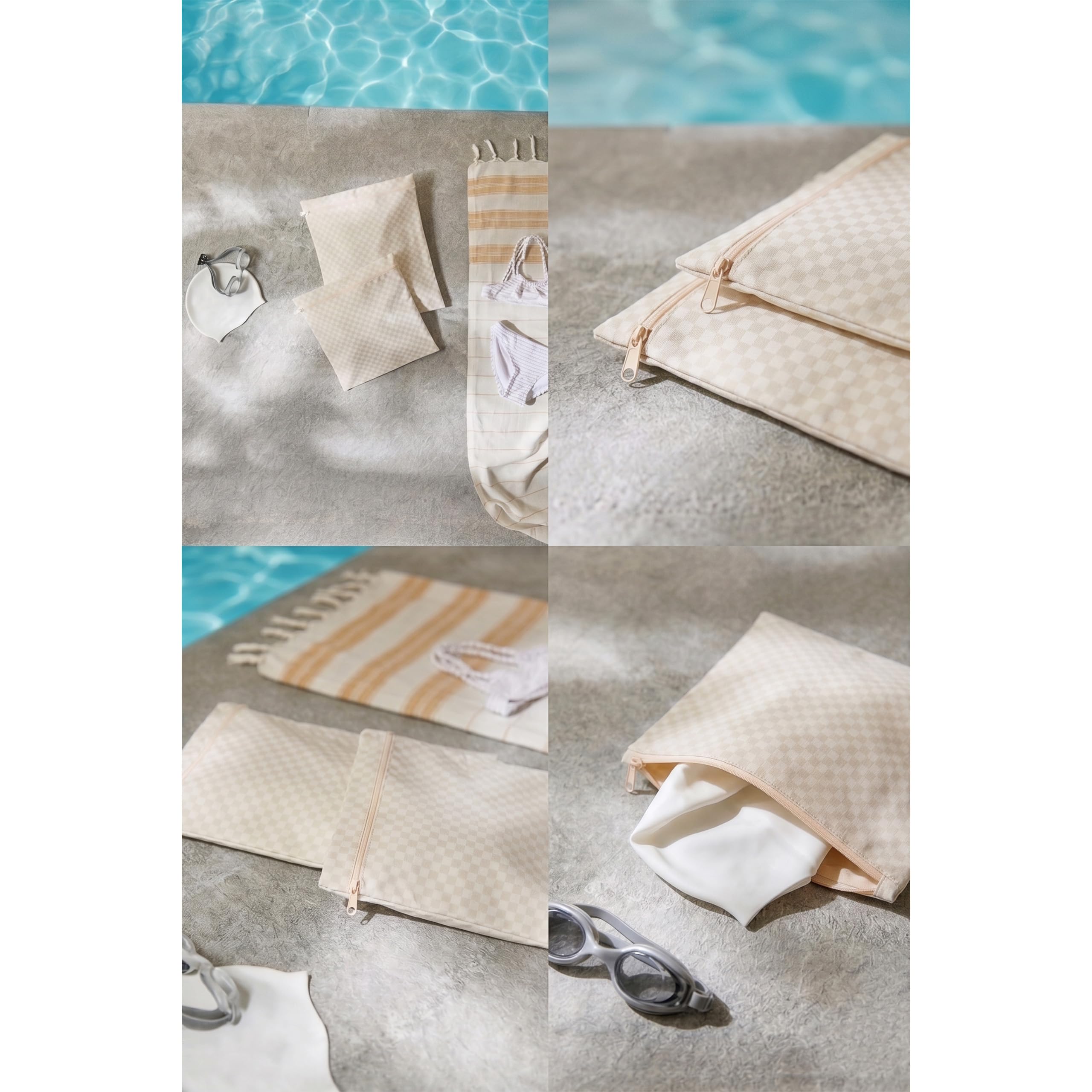 Ocean Home Textile 2'li Su Geçirmez Pvc Astarlı Bej Dama Desen Islak Kuru Çantası 28 x 30/30 x 36 cm