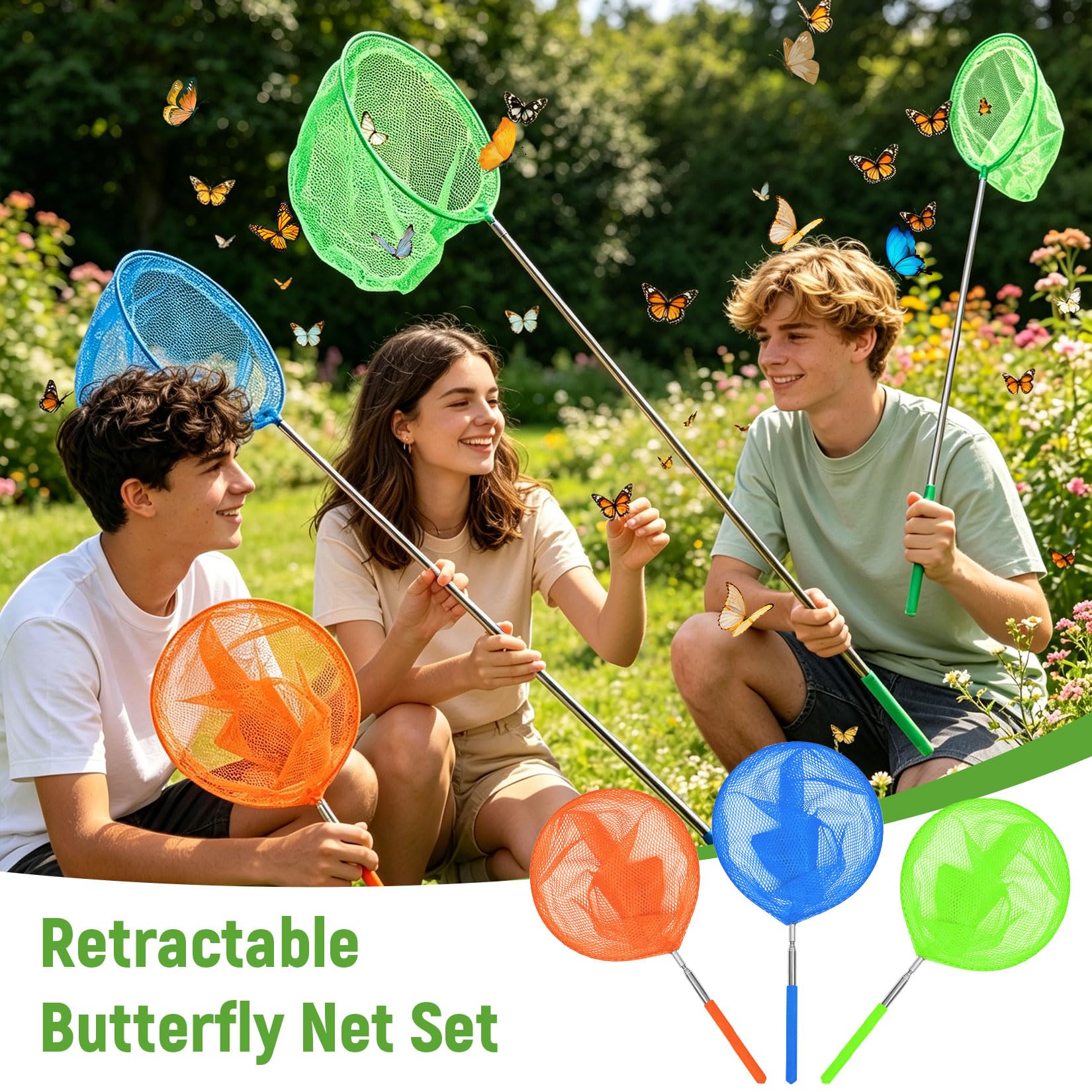 3 Stück Kescher und 3 Stück Faltbarer Eimer 85cm Teleskop Käscher Schmetterlingsnetze Set Fischernetz von Insekten Angeln Outdoor Gartenaktivitäten