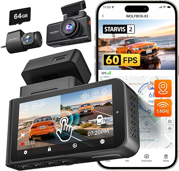 WOLFBOX X3 2.5K 1440P 60FPS Dash Camera, STARVIS 2 IMX675 with ADAS, 1440P+1080P Dual Dashcam Front and Rear Camera with Built-in 5.8GHz WiFi & GPS, 64GB Card, Touch Screen, G-Sensor, Loop Recording