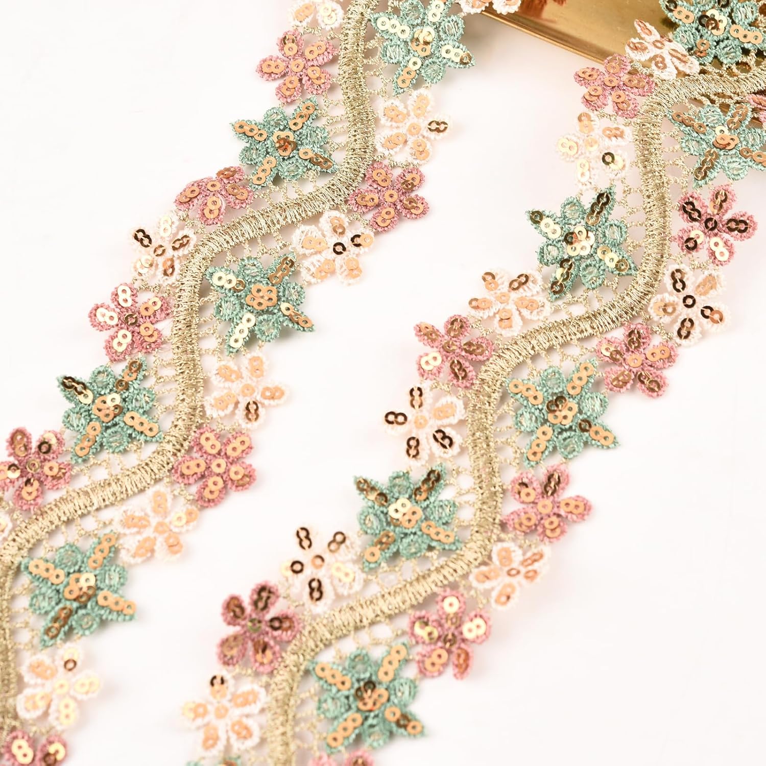 Colorful Embroidery Flower Lace Trim, 10 Yards Golden Thread Flower Lace Ribbon Roll Vintage Lace Ribbon for Sewing Crafting Wedding Cards Decors DIY Crafts