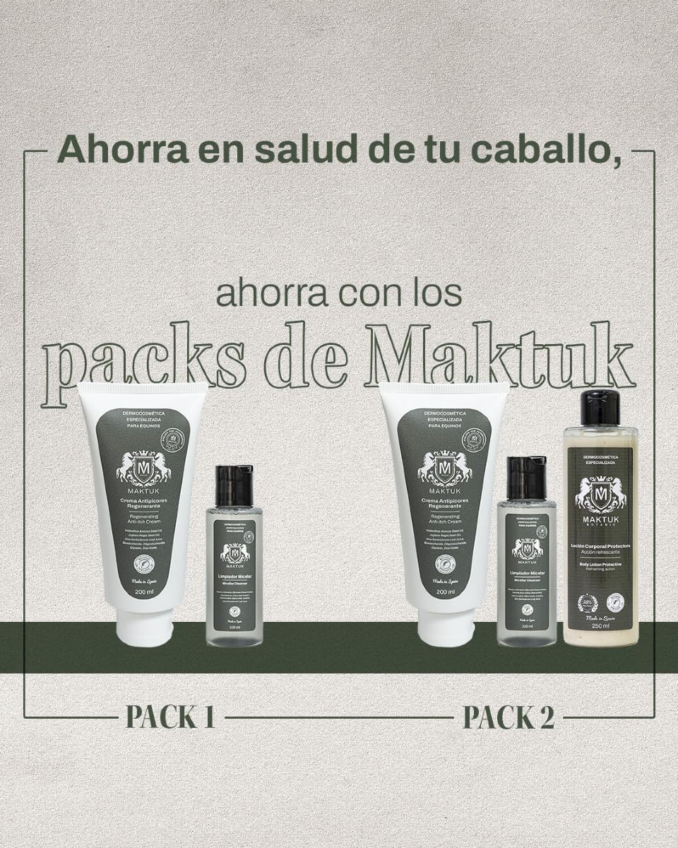 Opakowanie do pielęgnacji skóry dla koni, psów i kotów Maktuk Horses. Składa się z regenerującego kremu przeciwswędzącego I 200 ml I i Micelar Cleanser I 100 ml I