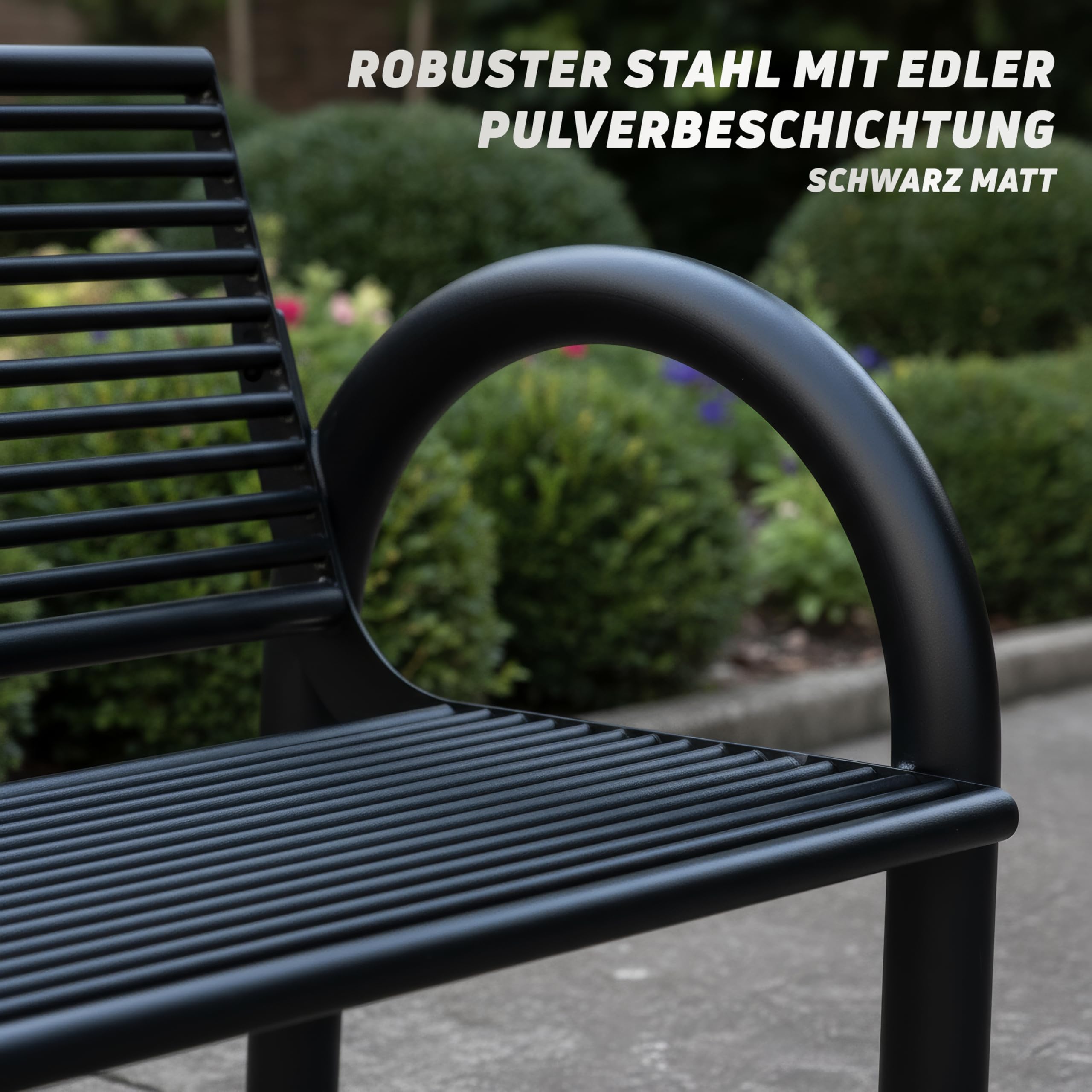 MATERIUM® Gartenbank Metall Schwarz - extra stabile Bank aus Metall mit 150 cm Sitzbreite, wetterfest & widerstandsfähig - hochwertige Sitzbank aus Stahl mit edler Pulverbeschichtung (Schwarz Matt)