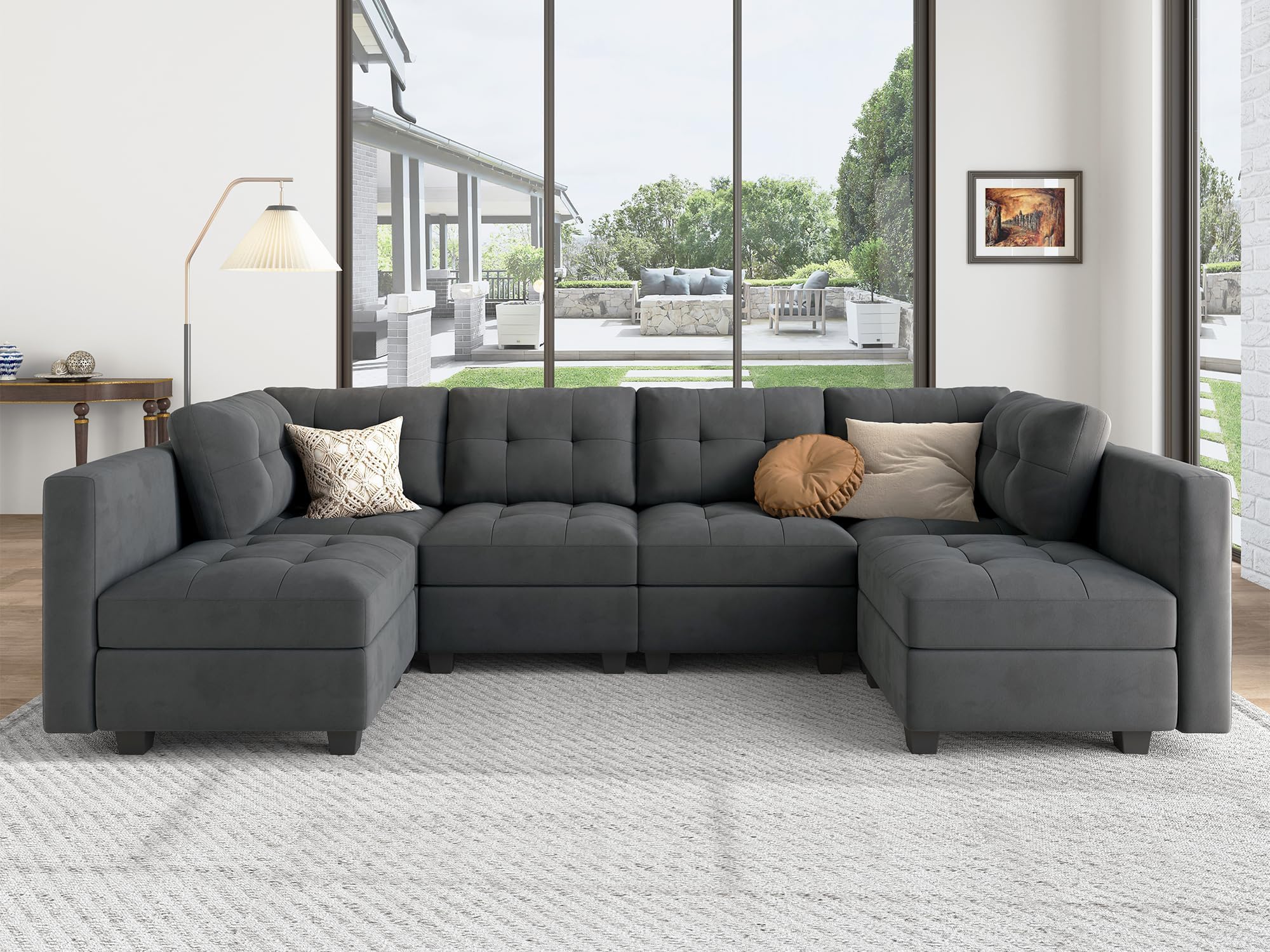 HONBAY Modular Sectional Sofa Velvet U Shaped Couch with Reversible Chaises 6 Seater Sectional Sofa with Storage Seat, Bluish Grey