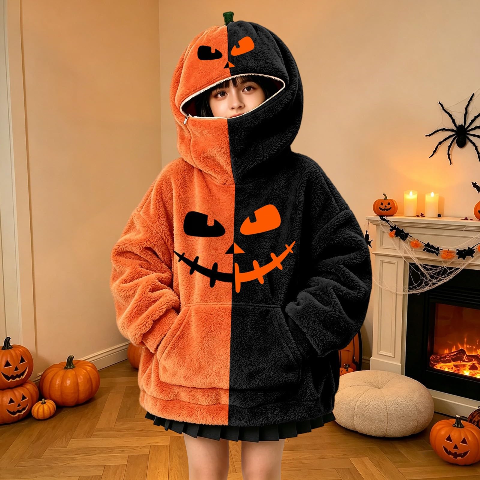 Sudadera con capucha para niñas, color calabaza, mullida | Sudadera con capucha de dos tonos para fiesta de Halloween, suave, esponjosa, cálida, acogedora, para otoño, invierno