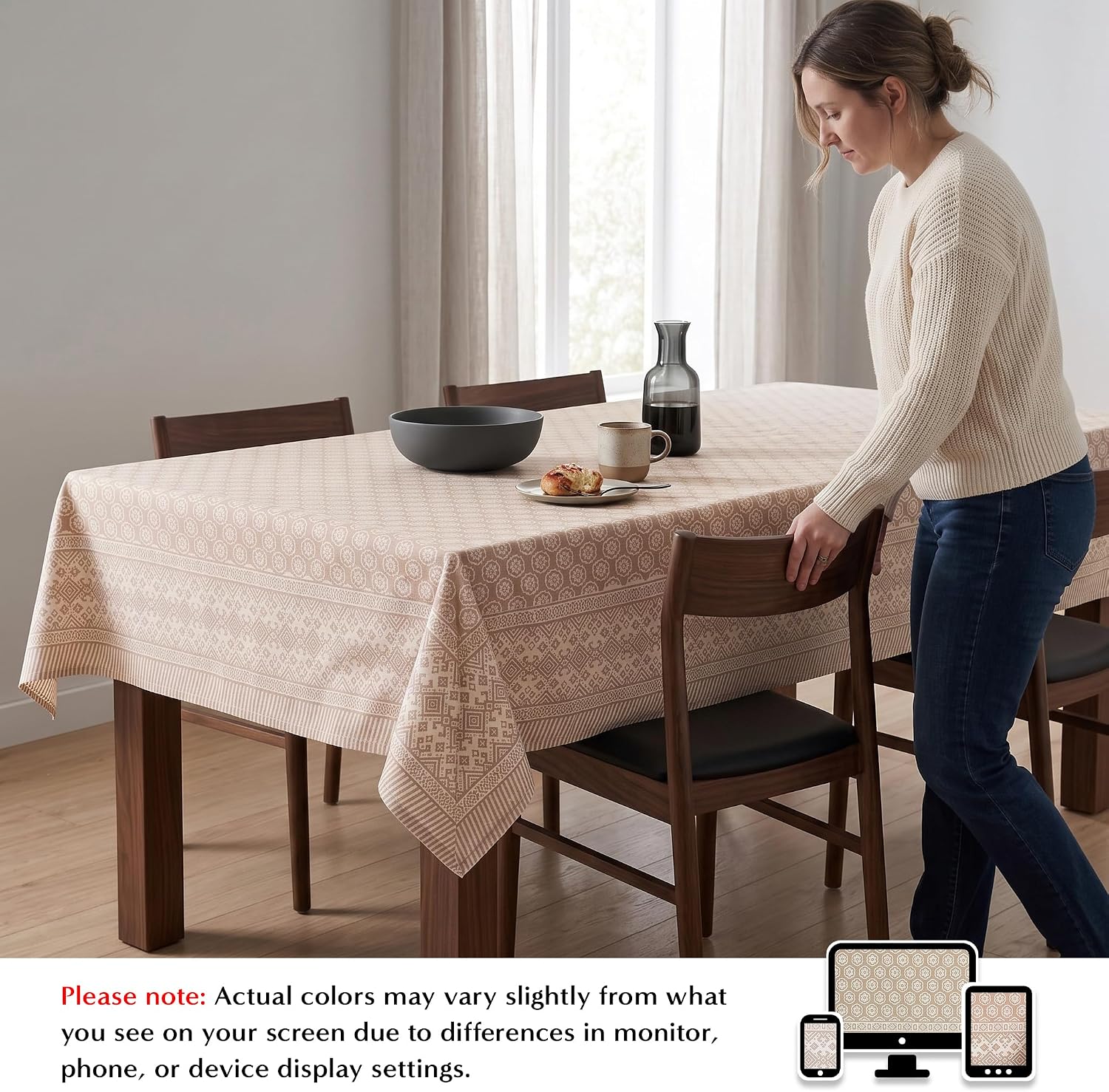THE ART BOX Taupe Daisy Hand Block Printed 100% Cotton Tablecloth 60x108 Rectangular Reusable and Washable Boho Dining Table Cloth Thanksgiving image 5