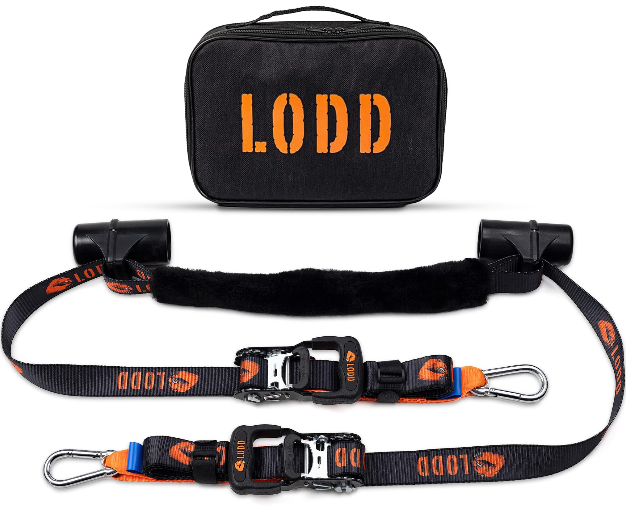 LODD – Correas Moto, Anclaje al Manillar con Manguitos Compuestos Reforzados, Carraca Ultrarresistente, 38 mm, 1.500 kg, Mosquetones de Acero, Remolque, Carretera y Deportivas – Maletín Incluido