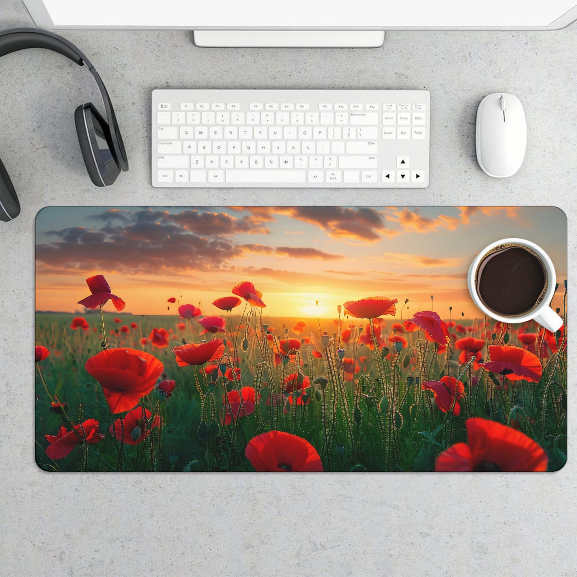 Poppies Sunset Red Extended Gaming Mouse Pad, with Stitched Edges Large Mouse Pad Desk Protector, Rubber Base Mousepad Keyboard Mouses Mat for Work Game Office Home- 32" X 16" Inch