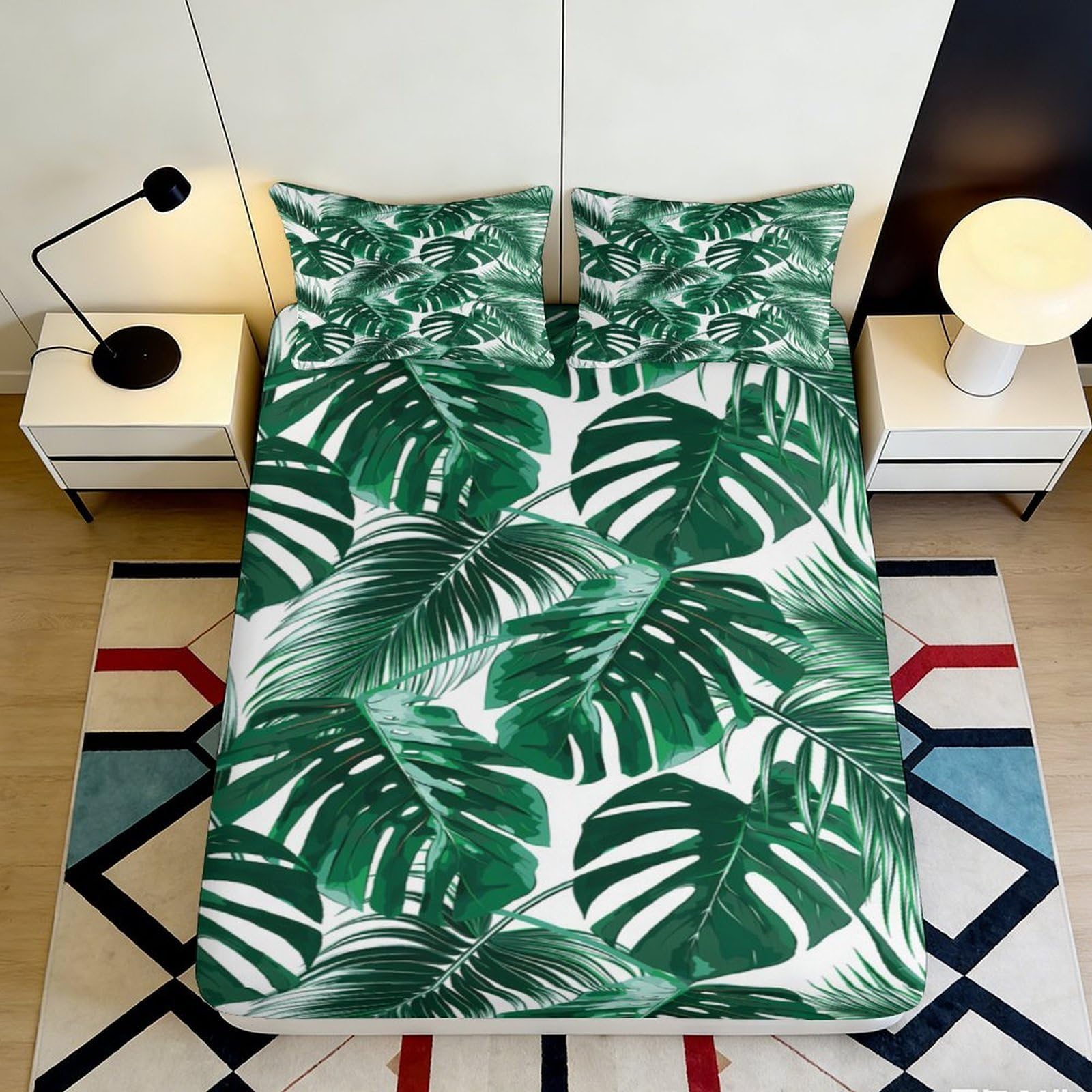 3D Printed Tropical Leaf Fitted Sheet Microfiber Soft Breathable Green Palm Bed Cover for Bedroom Dormitory Guest Room Mattress Protection 160x200x25cm