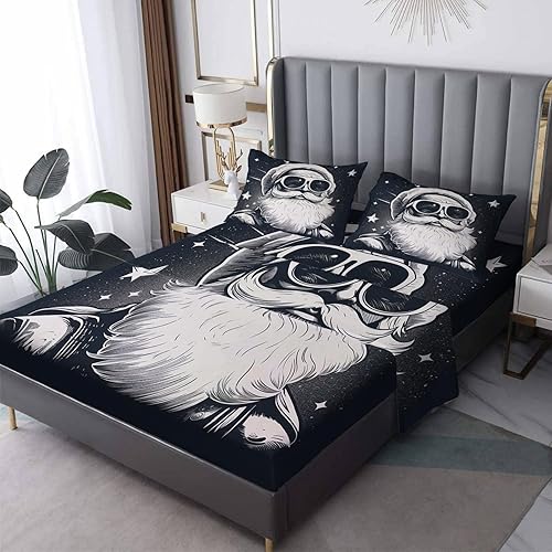 Sábanas de Papá Noel tamaño California King, sábanas de Navidad, sábanas y fundas de almohada estampadas de 4 piezas, sábana bajera ajustable de