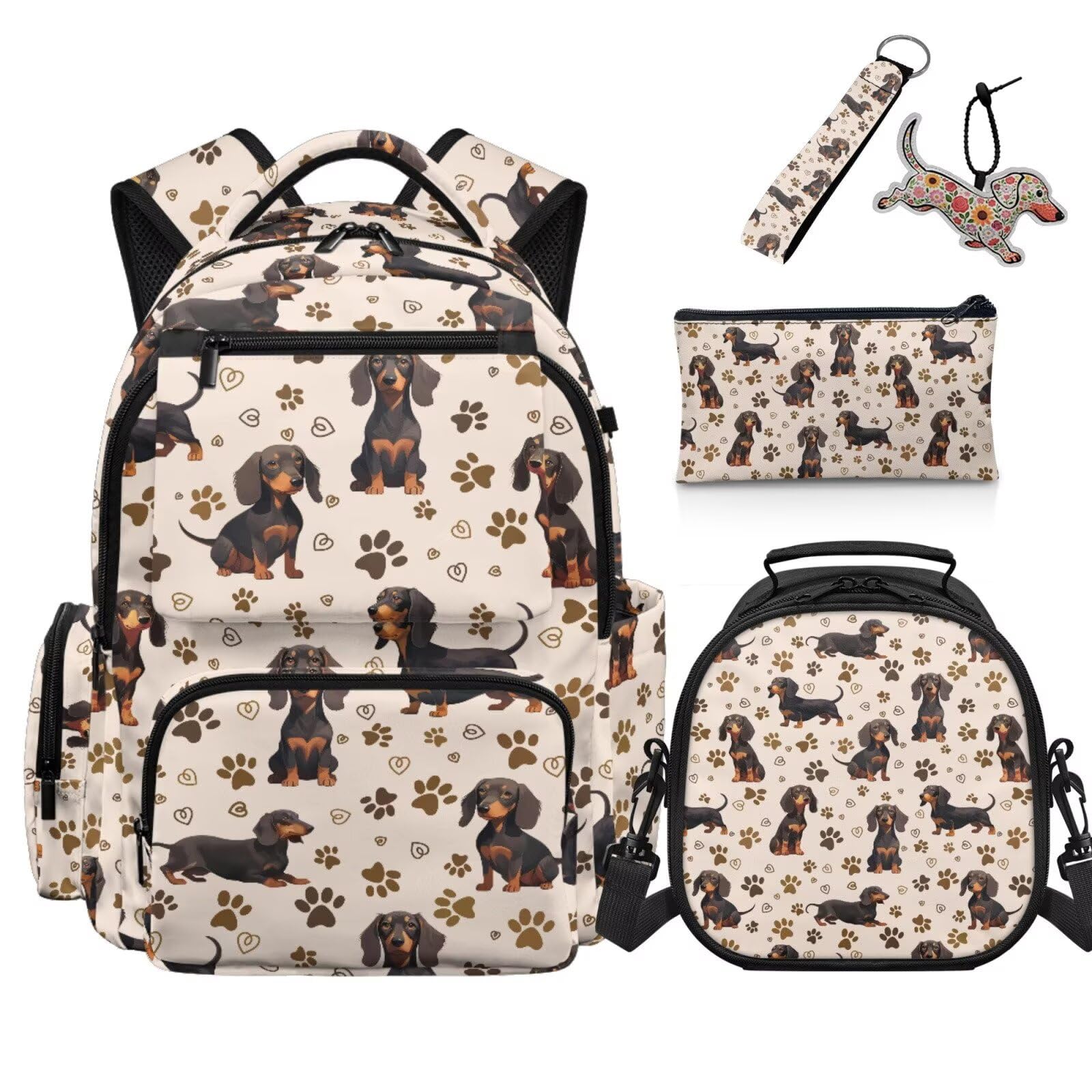 COEQINE 5 x Rucksack für die Schule 3. Klasse Jungen Grundschule Rucksäcke passend für 17 Zoll Laptop Federmäppchen Schlüsselanhänger, Dackel Beige Pfotenabdruck, M, Casual
