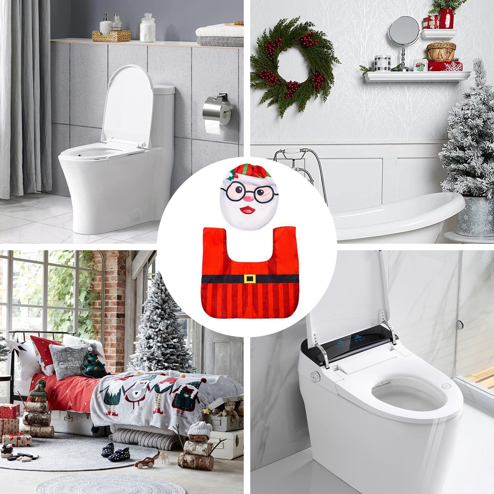 Housse D'abattant WC Motif Nain De Noël - Ensemble Couvercle Réservoir + Abattant + Tapis, Polyester, Décoration Salle De Bain - 7