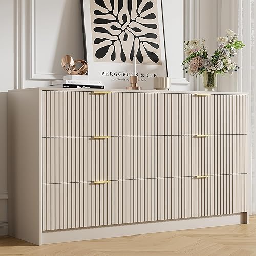 Cómoda Beige para Dormitorio, Cómoda Moderna con 6 Cajones y Deslizadores Suaves, Cómoda Ancha con Manijas Doradas para Dormitorio, Sala de Estar,