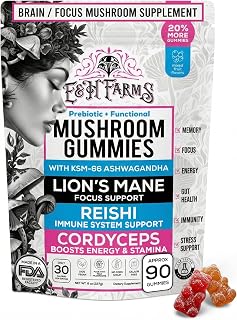 Sleep Mushroom Gummies for Focus & Energy - Prebiotic & Functional Mushrooms with Lion's Mane, Reishi, Cordyceps & Ashwagandha - Low Calorie Daily Vegan Supplement Gummies - 90 Mixed Flavor