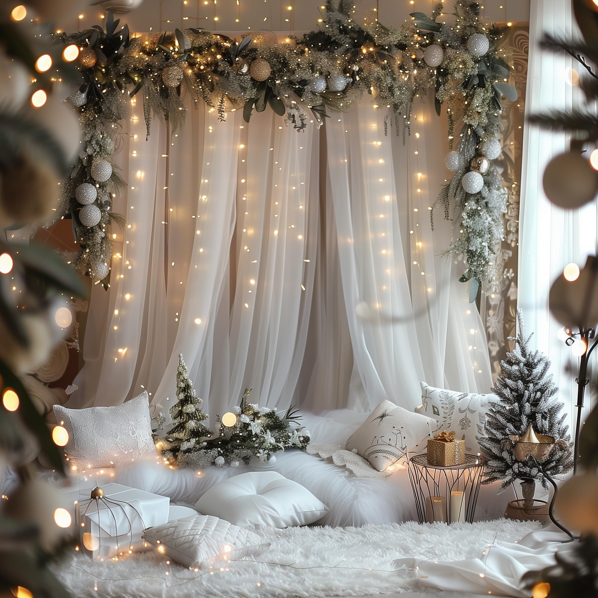 Fomcet Lot de 2 rideaux en tulle blanc de 3 x 3 m avec guirlandes lumineuses pour fêtes, mariage, anniversaire, fête prénatale, séance photo (2 panneaux, 1,5 x 3 m)