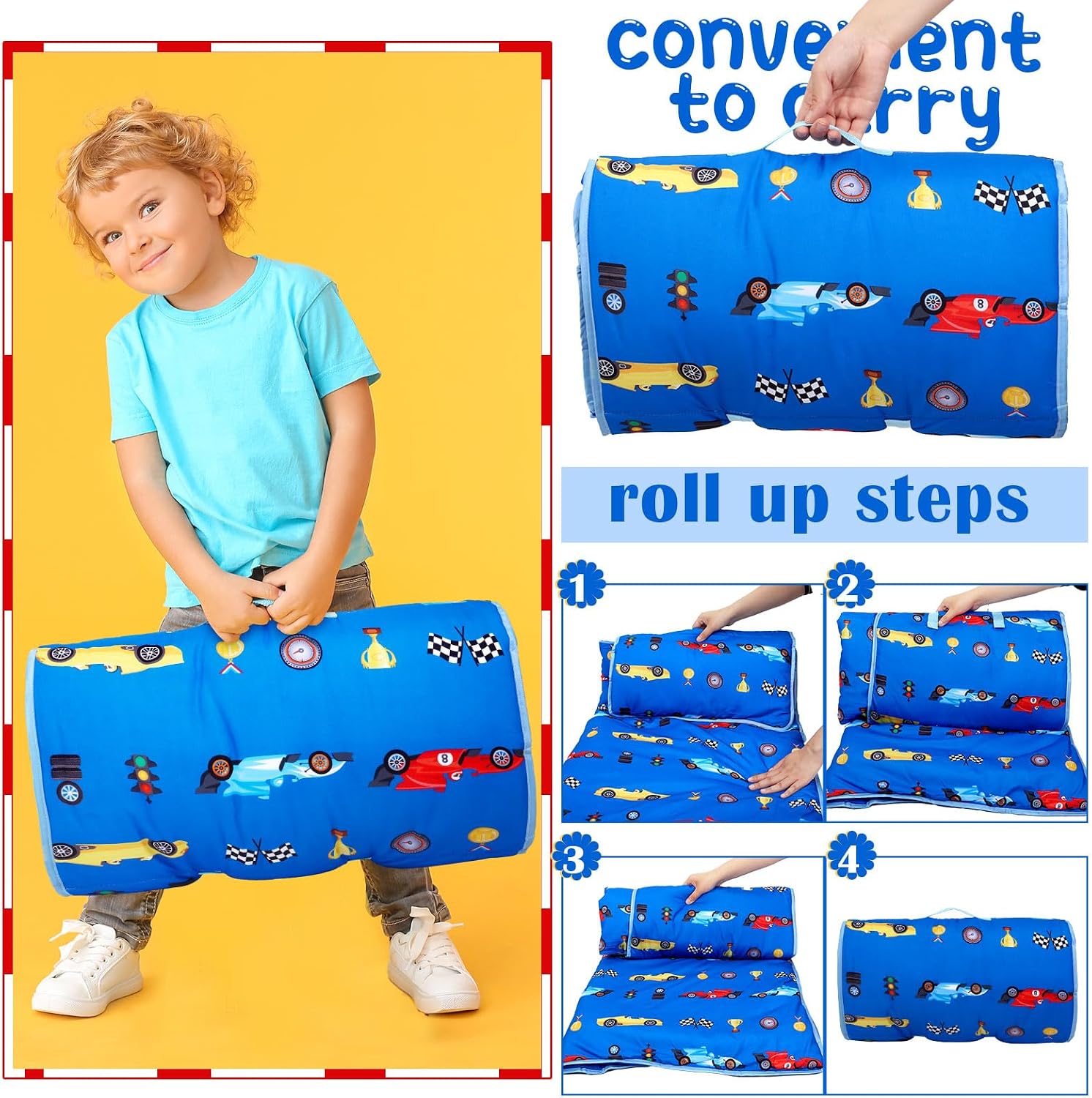 Newwiee Toddler Nap Mat with Pillow and Blanket Set, Toddler Sleeping Bag Rolled Sleep Mats for Girl Boy Preschool Daycare Travel Camping, 20" x 50" Fit Standard Cot