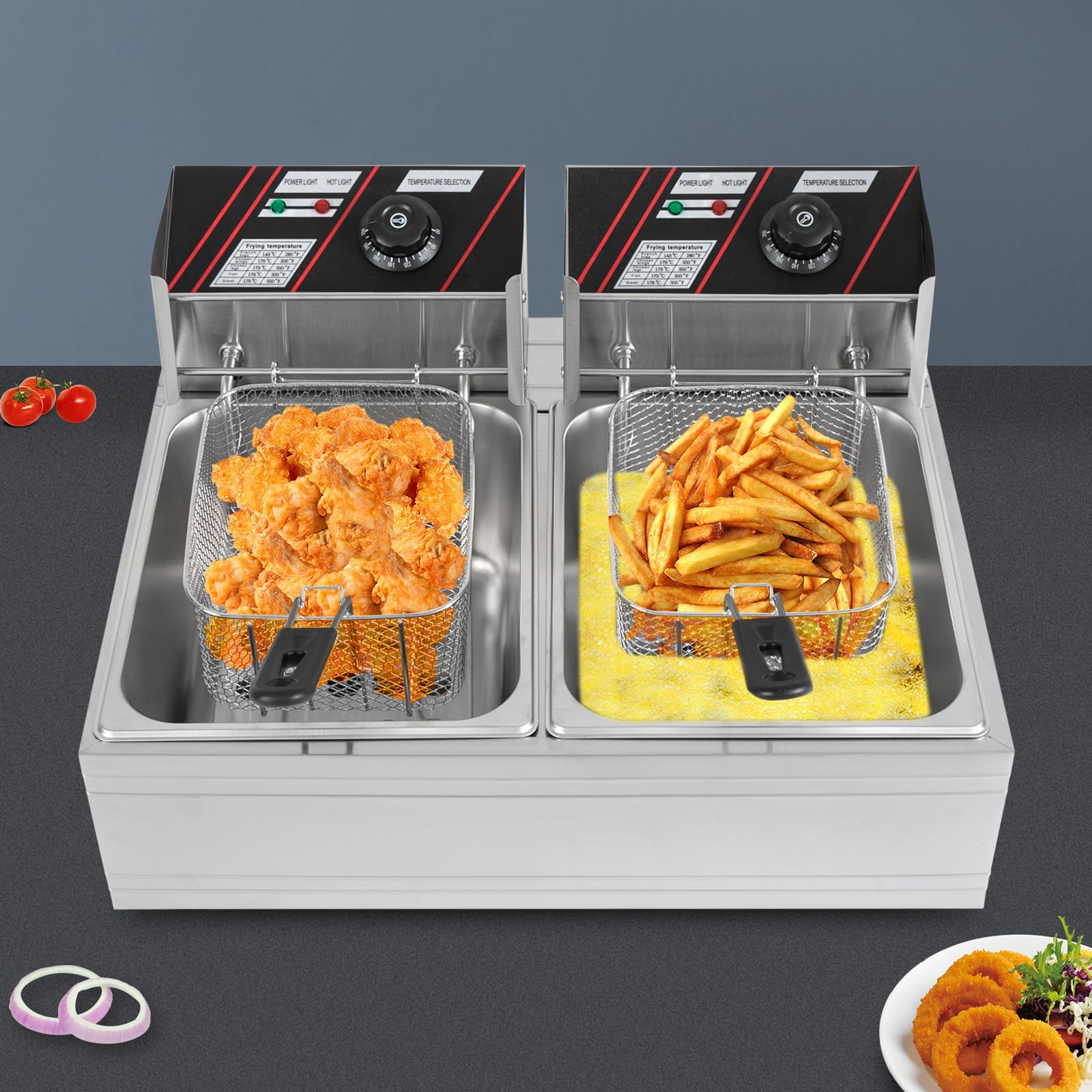 Freidora eléctrica, 12 L, acero inoxidable, freidora eléctrica, doble fritoese, con cestas, tapas de 5000 W, para restaurantes, cafés y catering móvil