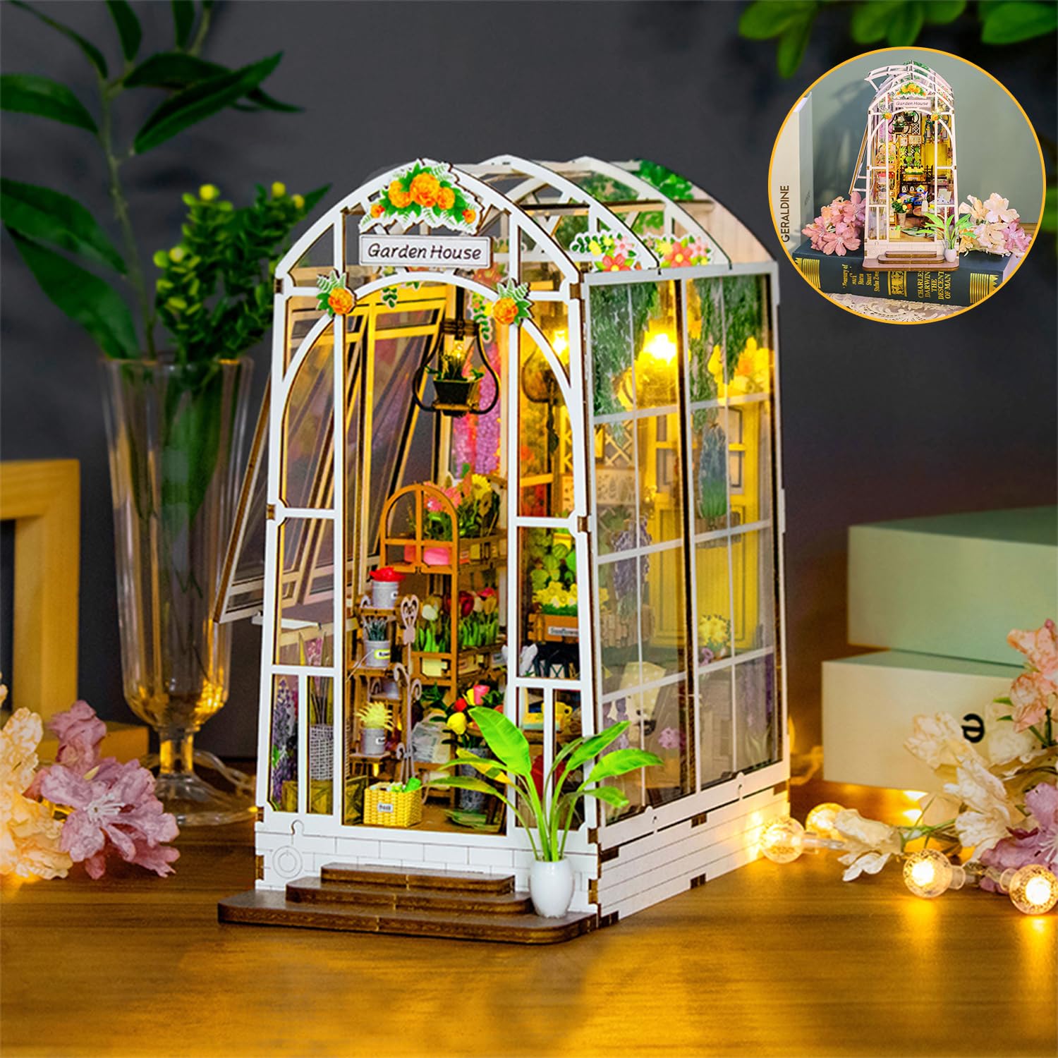 DIY Book Nook Kit Gartenhaus mit Möbeln und LED Lampe,Miniatur Haus,3D Puzzle Booknook Modellbausatz,Diorama Modelbau für Erwachsene,Bücherregal für Deko, für Geburtstag