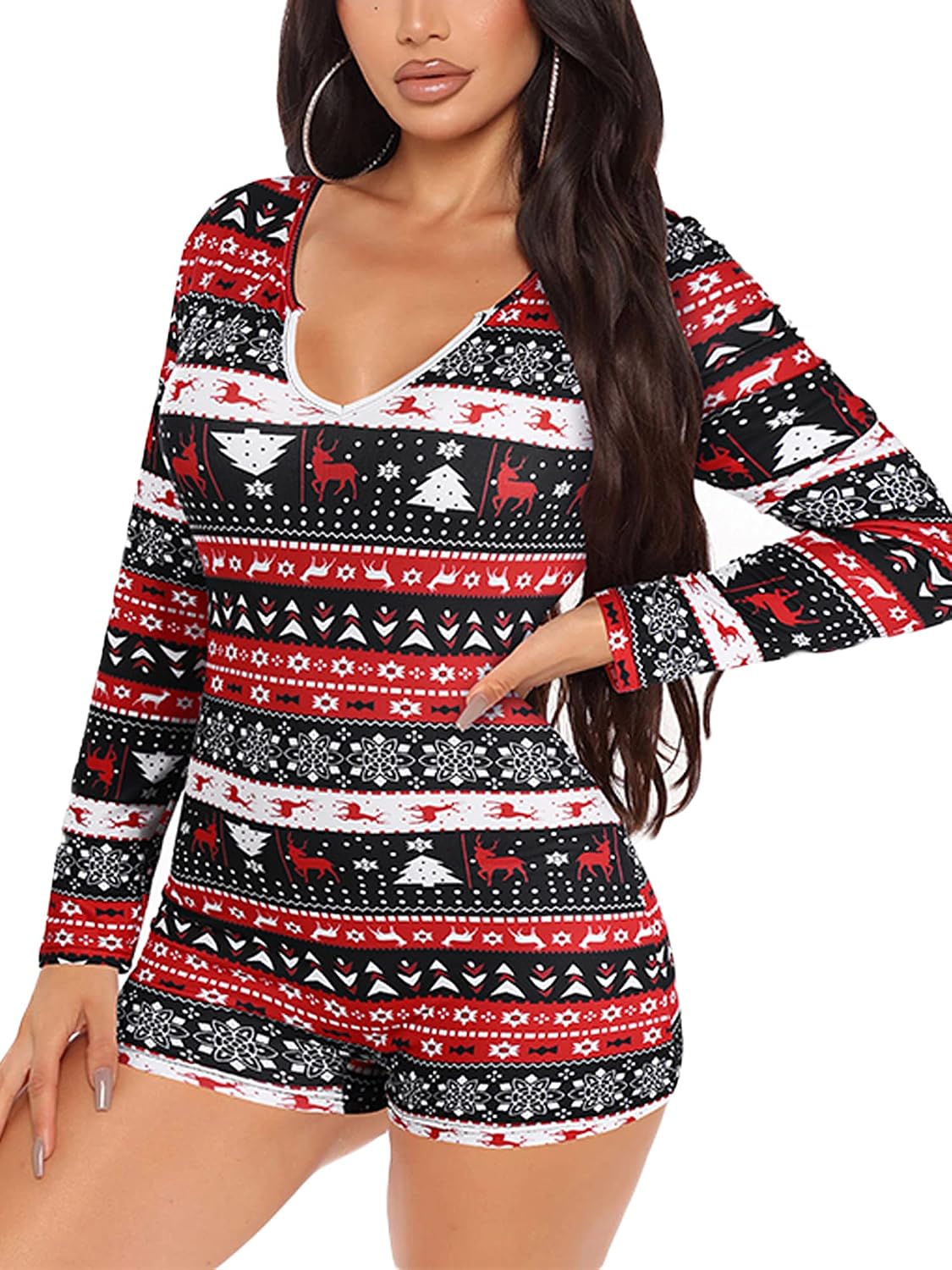 Women Christmas V-Neck Shorts Jumpsuit One Piece Bodysuit Pajama Long Sleeve Bodycon Rompers Overall Sleepwear