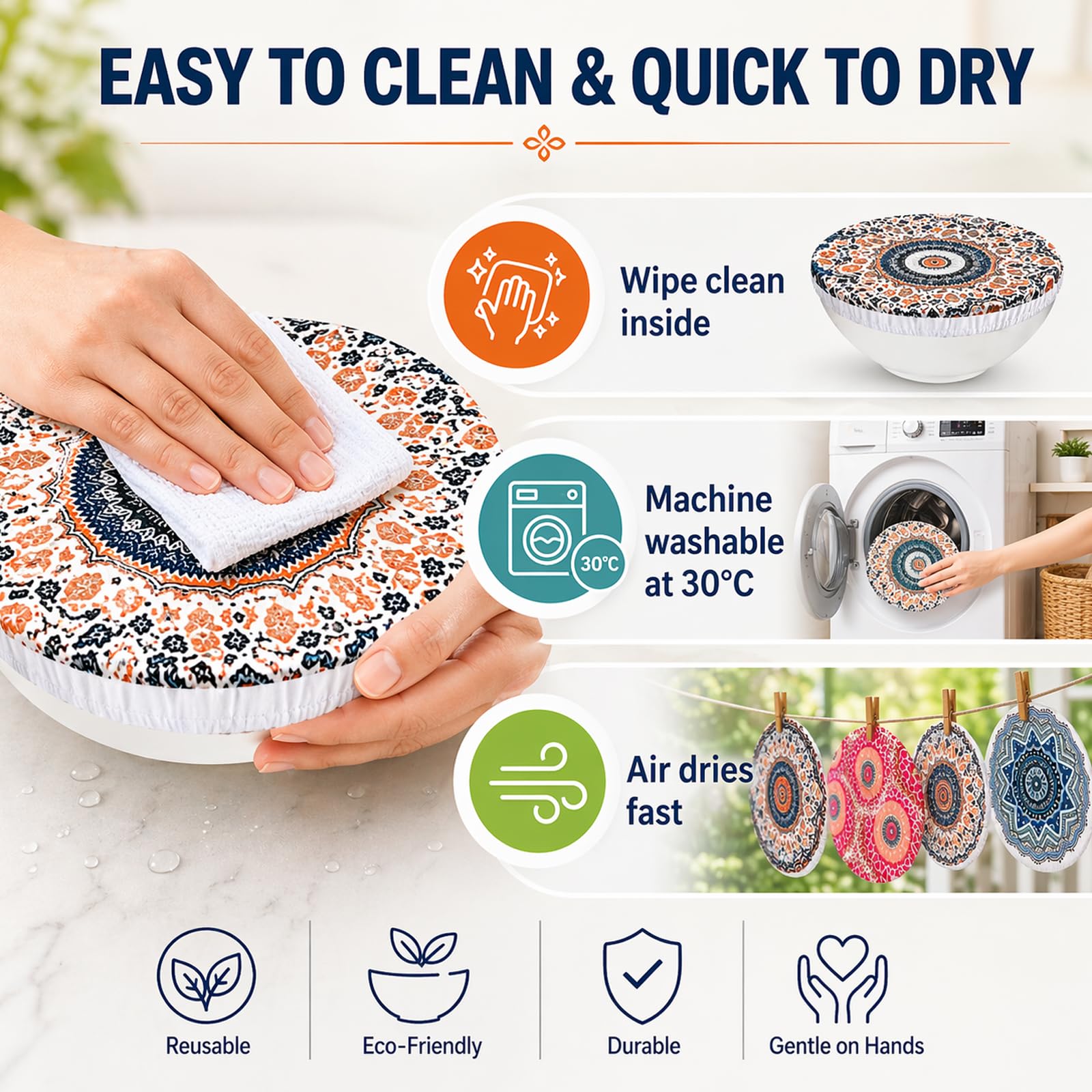 Lot de 10 couvercles pour aliments : en tissu élastique pour aliments, couvercles réutilisables avec élastique, housses imprimées de qualité alimentaire pour salade en verre, pot