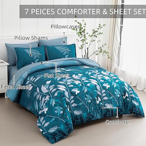 Miniatura 3 de Juego de edredón botánico verde azulado de 7 piezas tamaño Queen  Cama floral verde azulado en una bolsa  Elegante edredón floral de hojas con juego