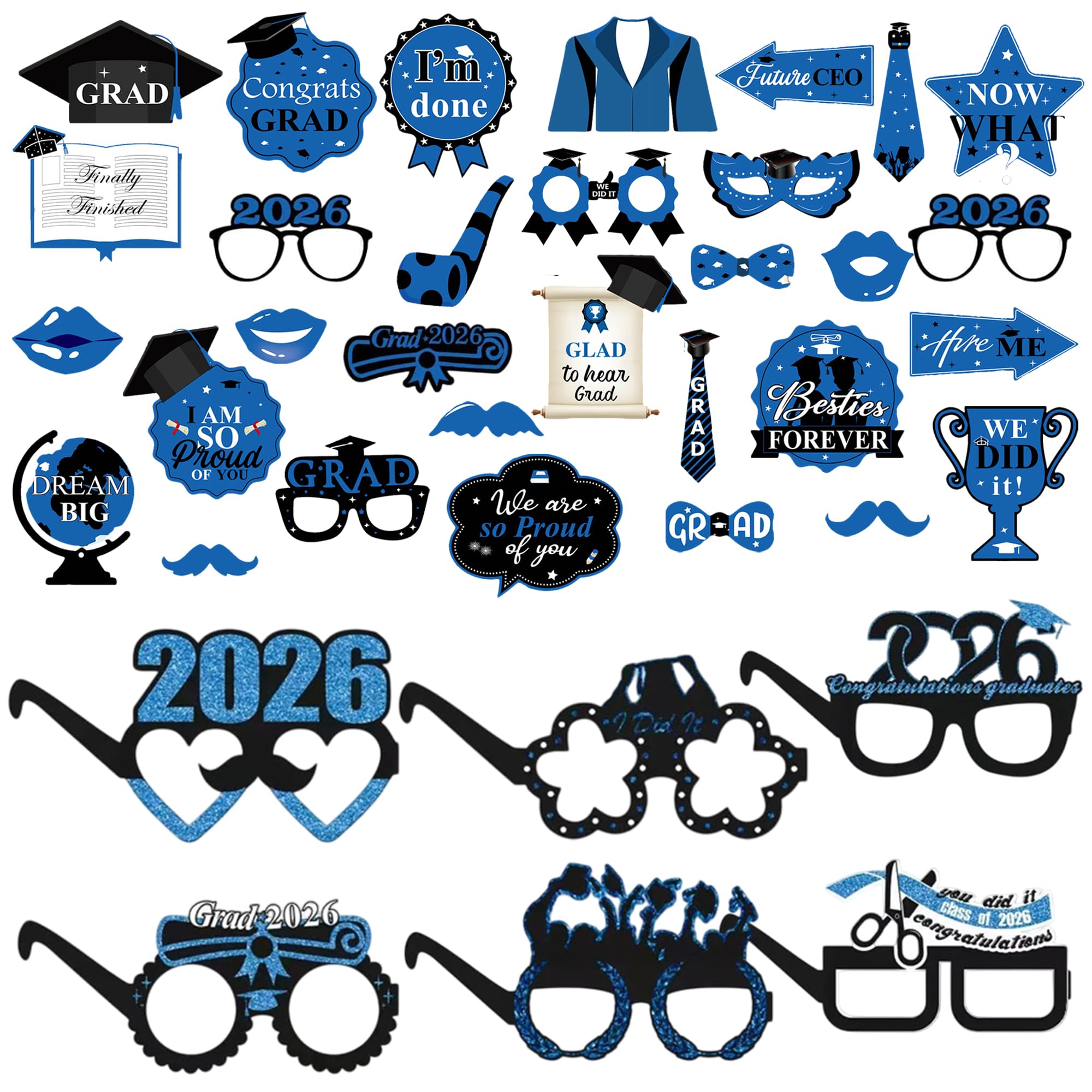 Juego de 36 accesorios y lentes para cabina de fotos de graduación, accesorios de graduación 2025 para sesión de fotos, accesorios de fotos de graduación, decoraciones de graduación