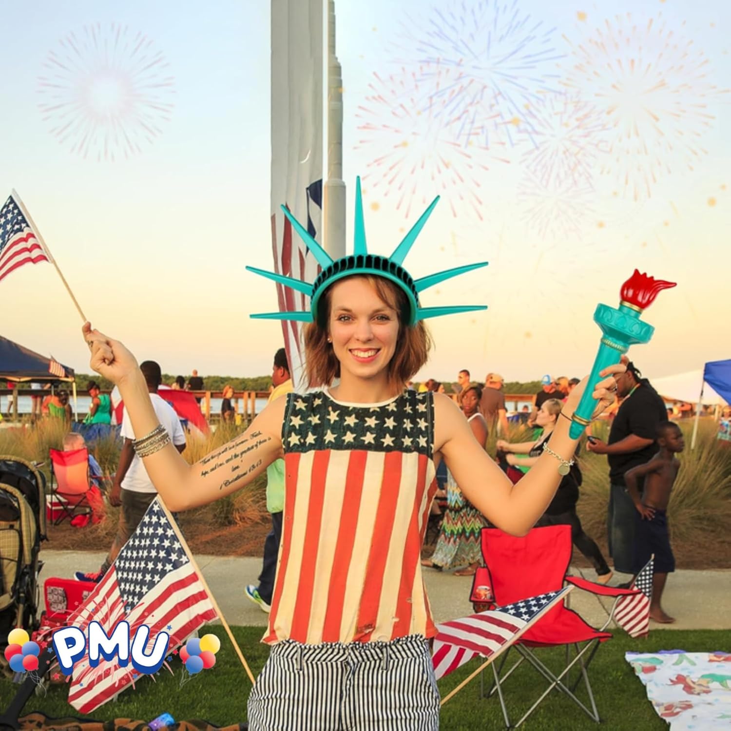 PMU 3 Pcs Statue of Liberty Torch with Red Flame, Adult Lady Liberty Costume for Women, Olympic Torch Prop, 4th of July Decorations, Patriotic Costume Accessory, Independence Day Party Décor