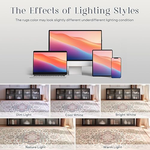 Miniatura 9 de Phantoscope Vintage Collection - Alfombra de área de 6 x 9 pies, lavable, grande, antideslizante, de pelo bajo, con pintura floral, alfombra bohemia