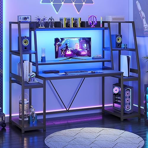 SEDETA Gaming Desk 65.7'' with LED Lights, Hutch and Storage Shelves, Computer Desk with Monitor Stand, Large PC Gamer Desk Workstation, Ergonomic Gaming Table for Bedroom, Living Room, Black