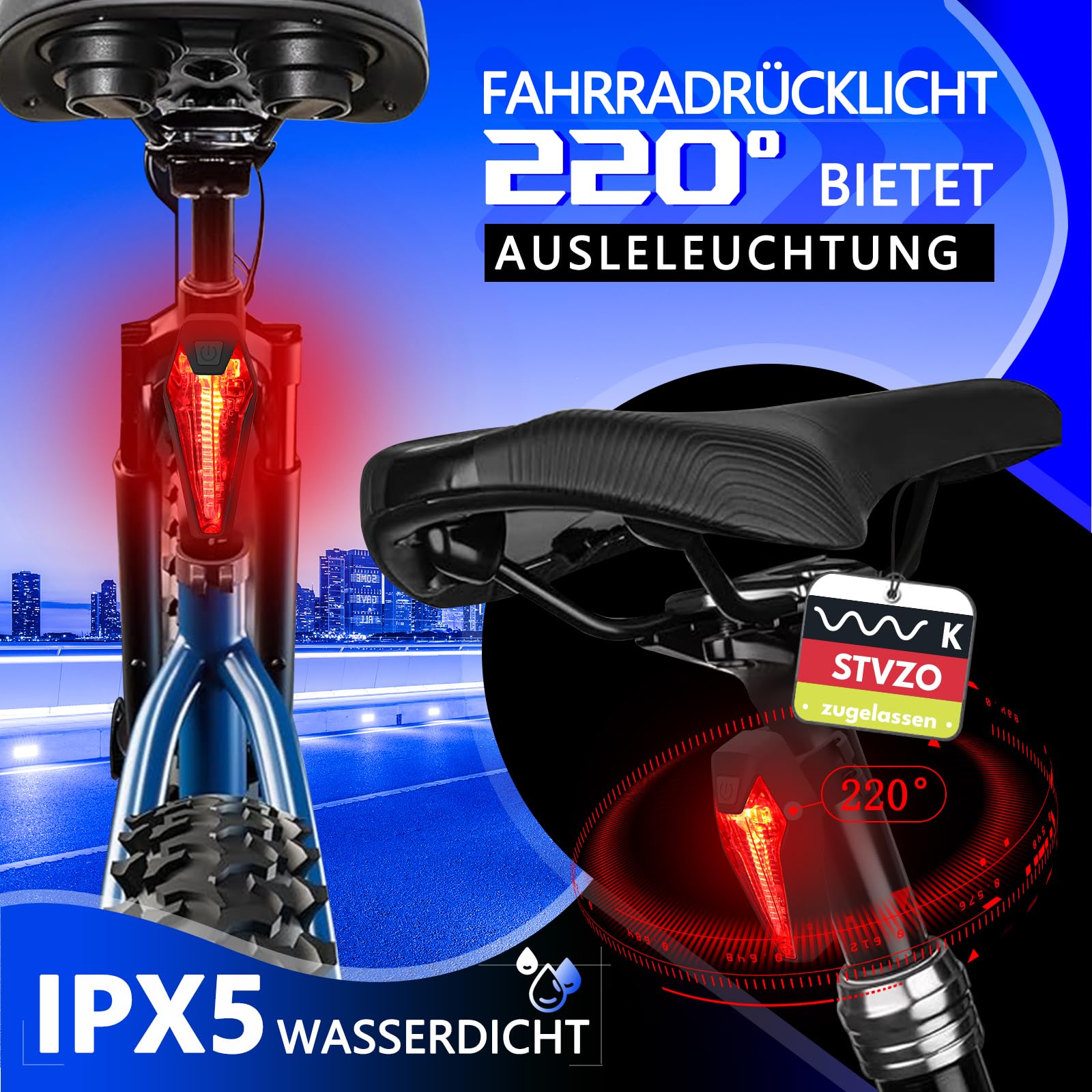 Luci Bicicletta Luce Posteriore Bici ROCKBROS - LED Ricaricabile USB, 7 Modalità, Sensore Frenata, Impermeabile IPX6, Magnetica Luci Posteriori Bicicletta Led