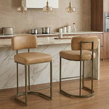 26" H Counter Height Bar Stools Set of 2, Modern Faux Leather Upholstered Barstools with Backrest for Kitchen Island, Gold Metal Frames, Brown