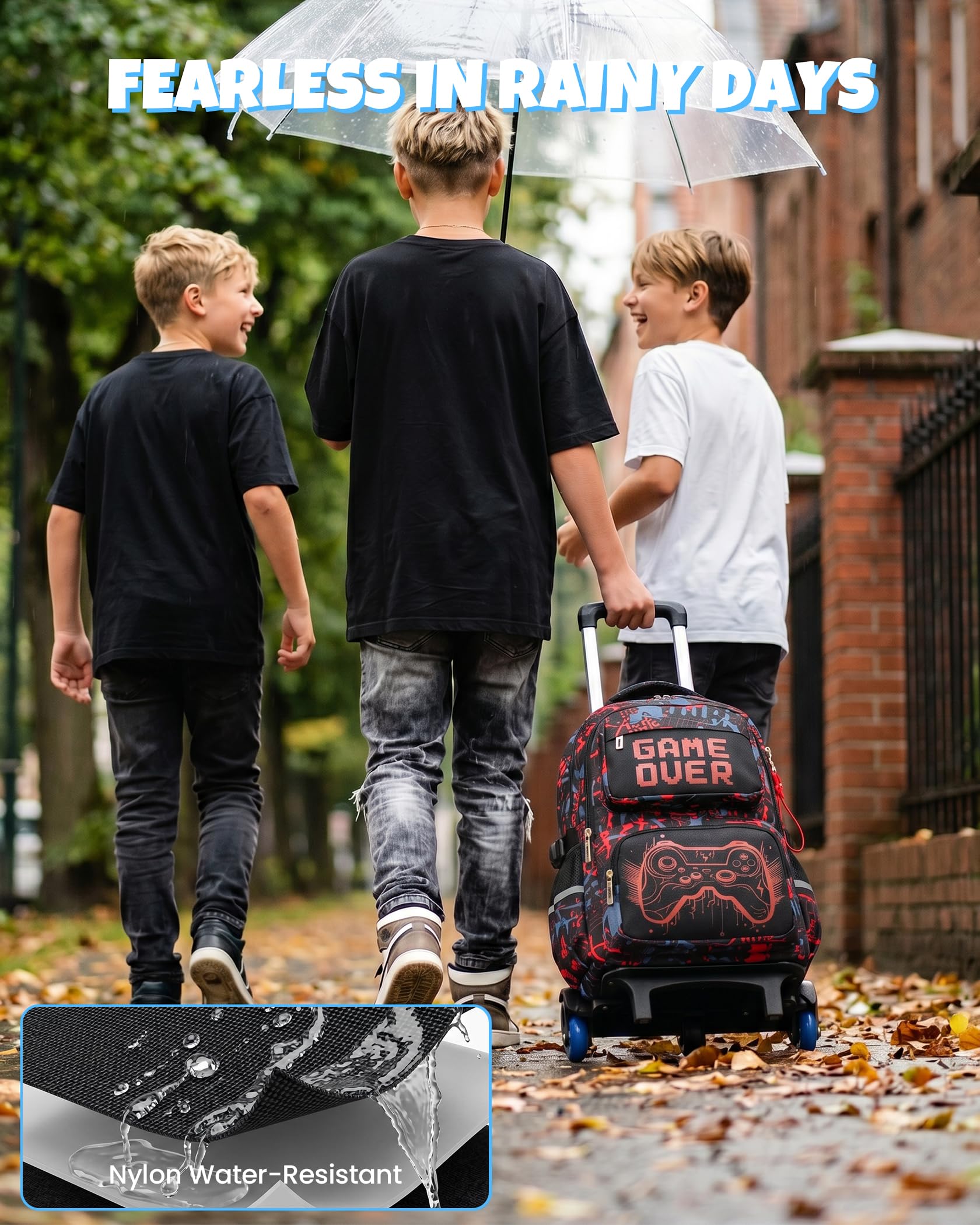 Amythe Trolley-Rucksack Jungen Kinder 8-12 Jahre mit 6 Räder, Blau | Nachtleuchtend Wasserdicht Reflektierend Leicht Blau Daypack Multitasche Geräumig Robust für Schule Reisen Wandern Freizeit