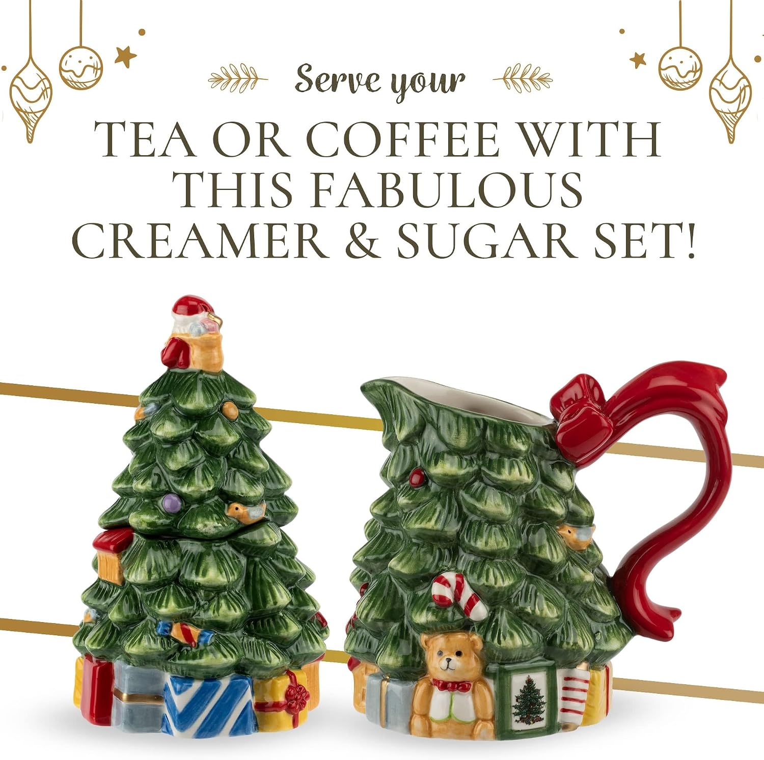 Spode Christmas Tree Sugar & Creamer Set - Figural Tree 7.4oz Creamer Jug & 5.3oz Lidded Sugar Jar - Festive Dolomite Holiday Tea and Coffee Set, Dishwasher Safe Ceramic Tableware Gift