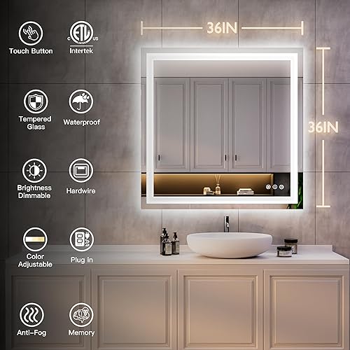 Miniatura 7 de ISKM Espejo de baño LED de 36 x 36 pulgadas, frente y retroiluminado para pared, espejo de maquillaje con función de memoria regulable, impermeable
