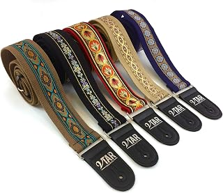Handmade Bohemian Folk Floral 60's 70's Inspired Guitar Strap by VTAR, Made with Vegan Leather. For Acoustic, Bass and Electric (Red Hemp Folk)