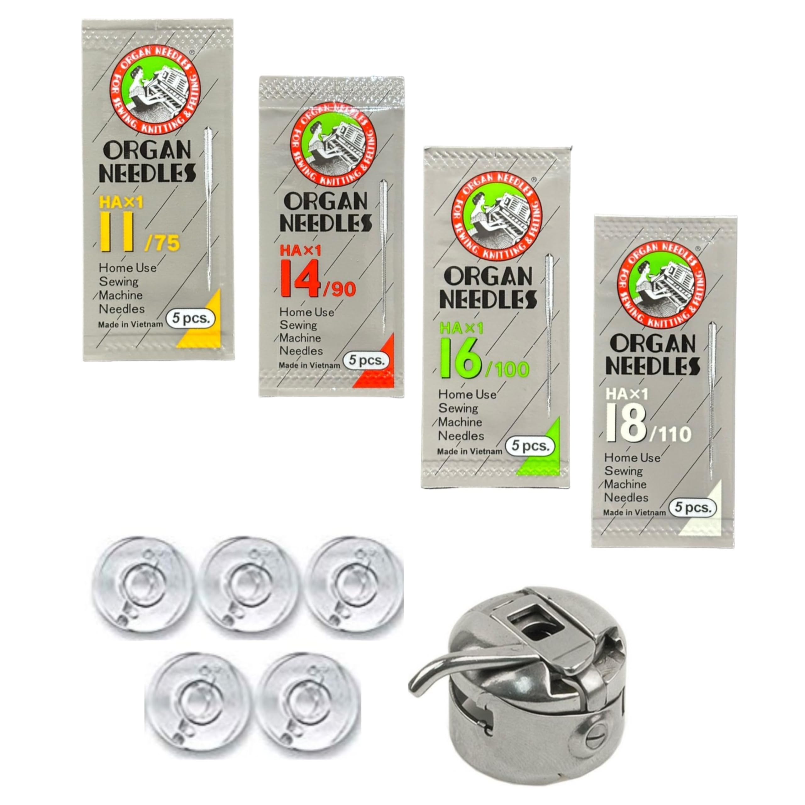 Zenith Combo - Organ HA Needles (Sizes 11, 14, 16, 18) + 1 Bobbin Case + 5 Transparent Plastic Bobbins | Compatible with Usha, Janome, Singer, Brother & Other Domestic Sewing Machines