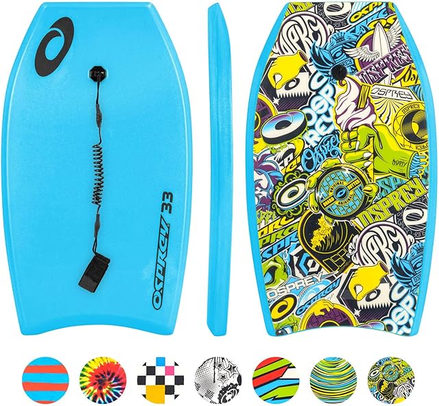 Osprey Bodyboard with Leash, HDPE Slick and Crescent Tail, XPE Boogie Board for Adults Children Kids, Multiple Designs and Sizes